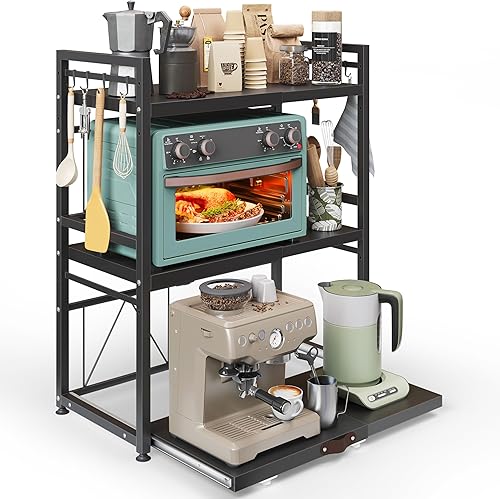 Miniatura 22 de NETEL Soporte extensible para microondas, estante organizador de 2 niveles de metal para encimera de cocina con 8 ganchos, estante para panaderos,