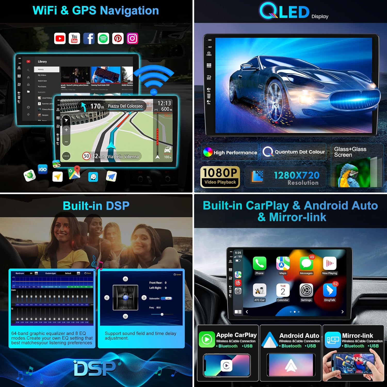 Key features of the BXLIYER Android 14 Autoradio including Android 15, Octa-core processor, 6GB RAM, 128GB ROM, Wireless CarPlay, Android Auto, DAB+, AHD & 360 camera support, DSP, 4G/WiFi, Fast-boot, and 2K video.
