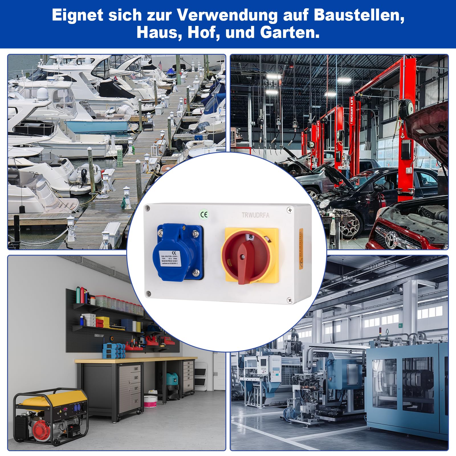 Presa CEE da parete 230 V, 16 A, 3P, distributore di corrente da parete, con azionamento a camme 0-1, interruttore principale bloccabile (20 A), IP44, per cantieri, garage e impianti
