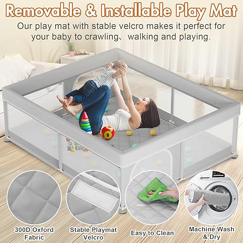 Miniatura 5 de Omzer Corralito para bebés con tapete de 71 x 59 pulgadas corralito grande para bebés y niños pequeños, corralito de juego de seguridad para