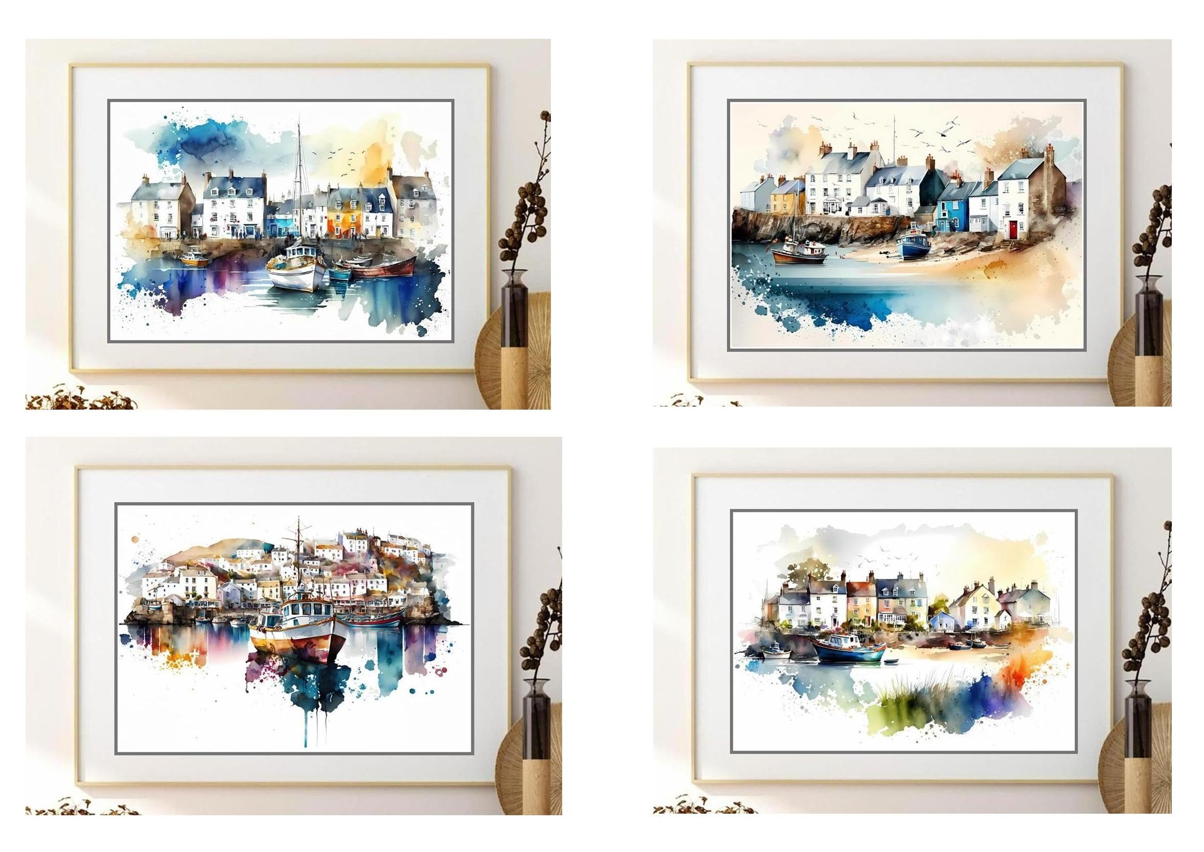 Signed by the stars 4 Beautifully colourful individual Uk Seaside Harbour Scenes Print size 29.7cm x 21cm each (Set of 4 prints)