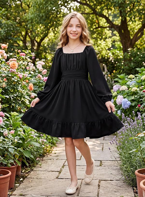 blibean Girls Long Sleeve Tie Back Dress Casual A-Line, Black, 14-16Y by blibean - Used condition - Image 5