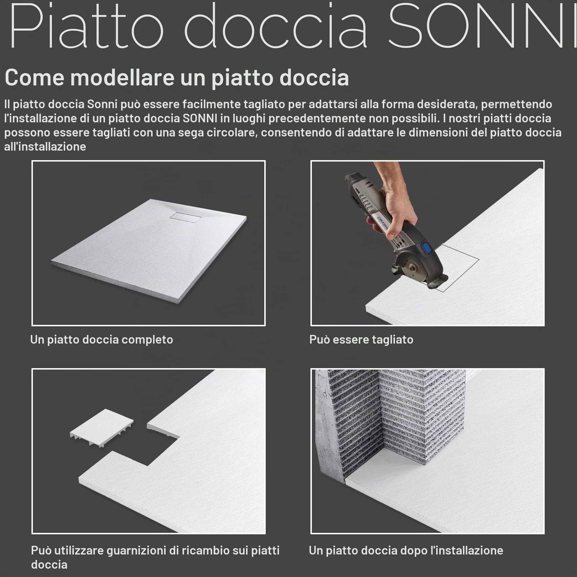 SONNI Piatto Doccia 160x80 cm, conEffetto Ardesia e Struttura Antiscivolo, Piatto Doccia Super Piatto Bianco Comprensivo di Sifone e Griglia