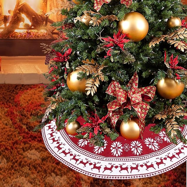 Red Christmas Tree Skirt Knitted Snowflak Elk Patterns Xmas Tree Skirt 35" Christmas Tree Skirt Mats Indoor Decorations For For Xmas Home Party Holiday Decorations (90 cm/35 in)