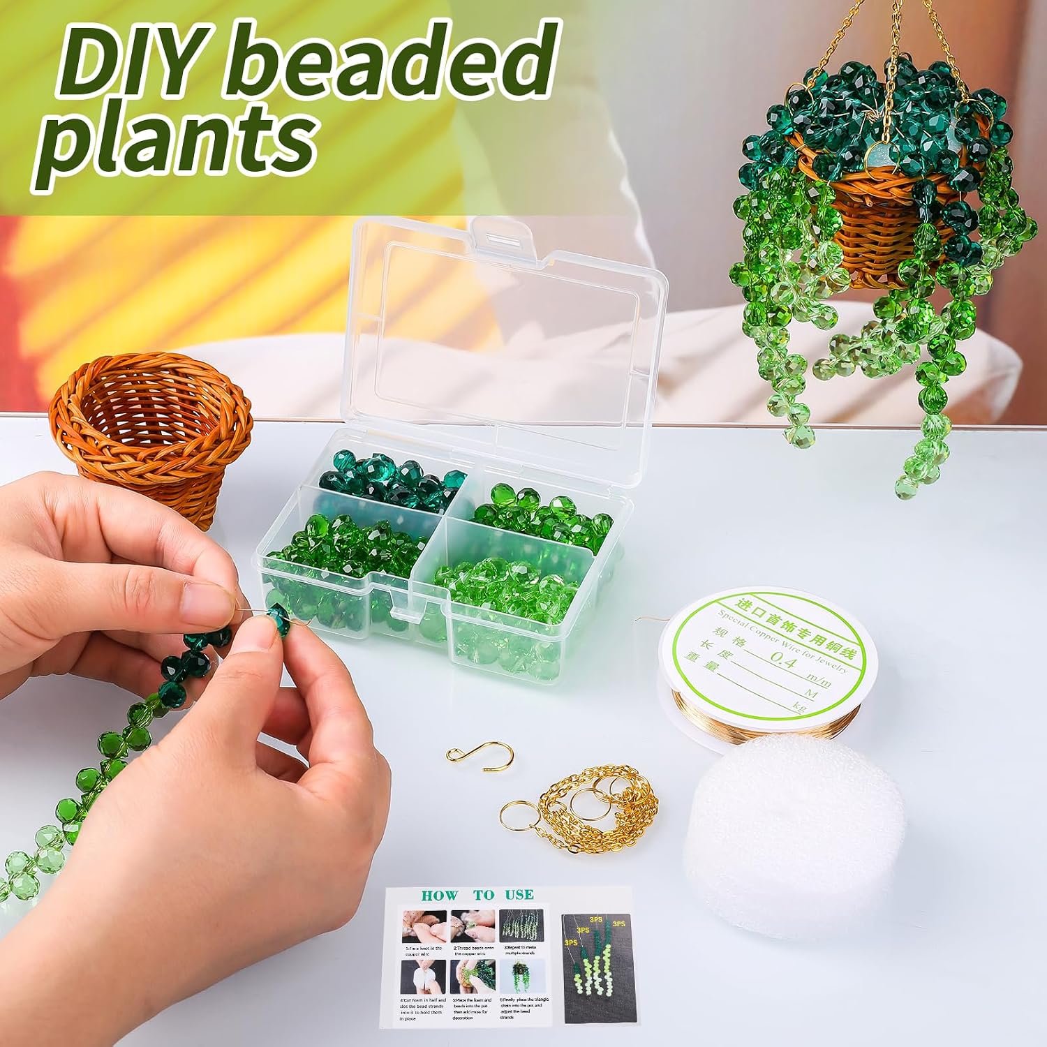 SWTHONY Beaded Plant Kit with Rattan Basket, Green Glass Beads for String of Pearls Plants Hanging Suncatcher DIY Crafts