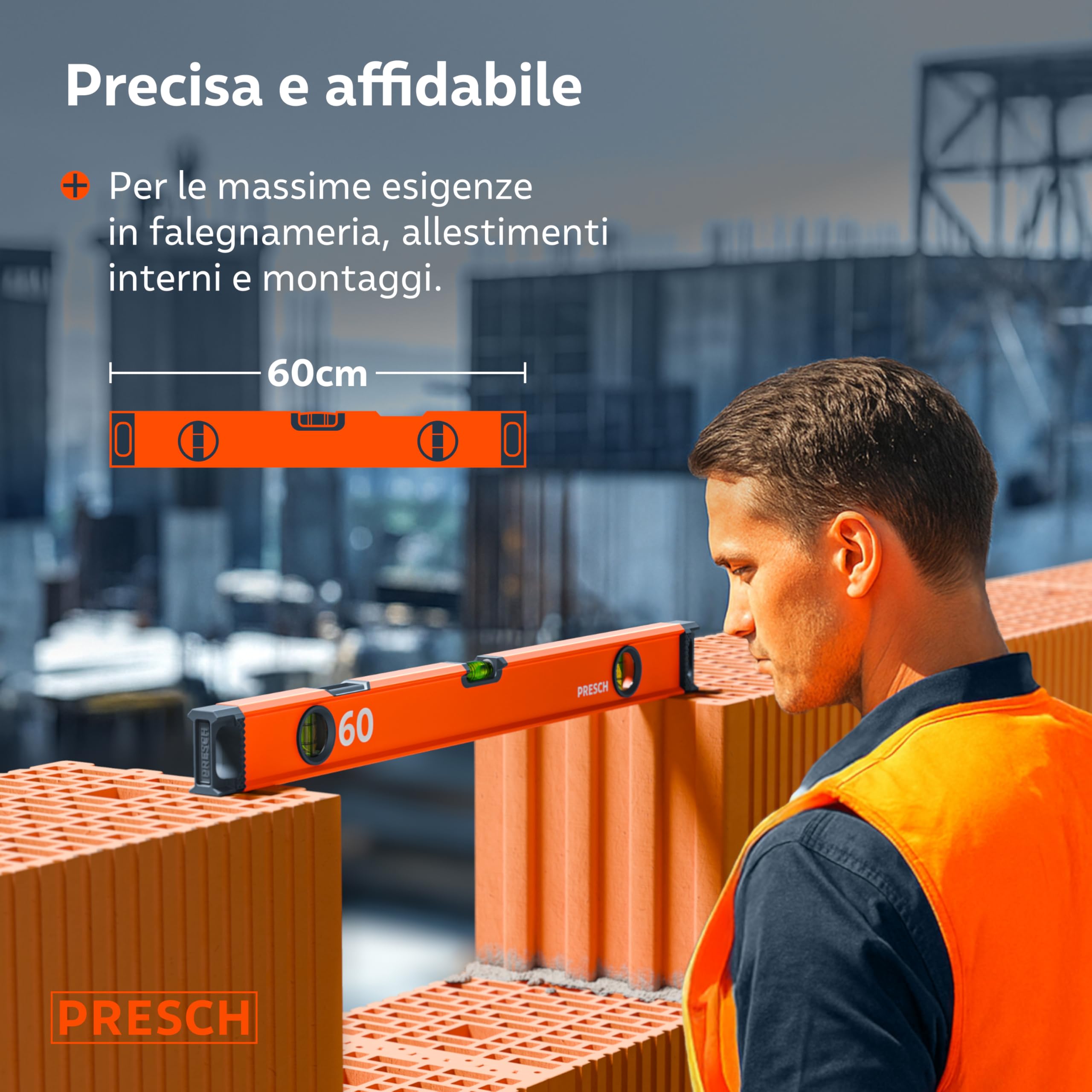 Presch Livella a bolla 60cm - Fiala infrangibile con pendenza 2% - Finestra di lettura verticale - Tappi antiscivolo innovativi - Superficie di misura precisa