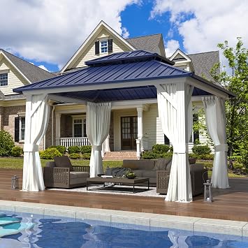 EROMMY 10x12 Gazebo Hardtop, Galvanized Steel Double Roof Metal Gazebo with Aluminum Frame, Permanent Outdoor Pavilion with Curtain and Netting for Patio Lawn and Garden, Blue