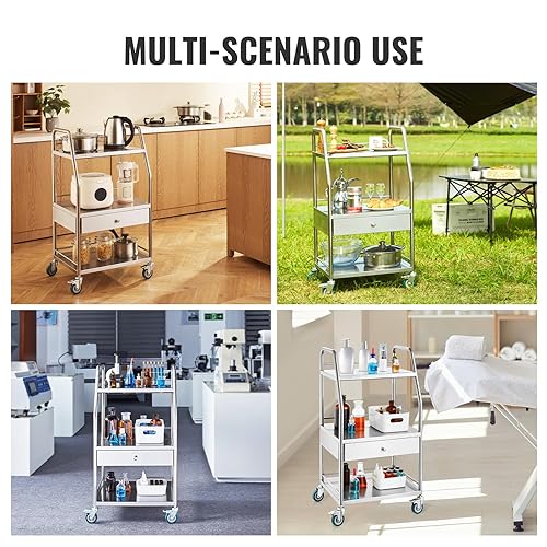 Vista 29 de VEVOR Carrito de servicio de laboratorio, carrito médico de acero inoxidable con dos cajones para equipos de laboratorio, uso de acero inoxidable