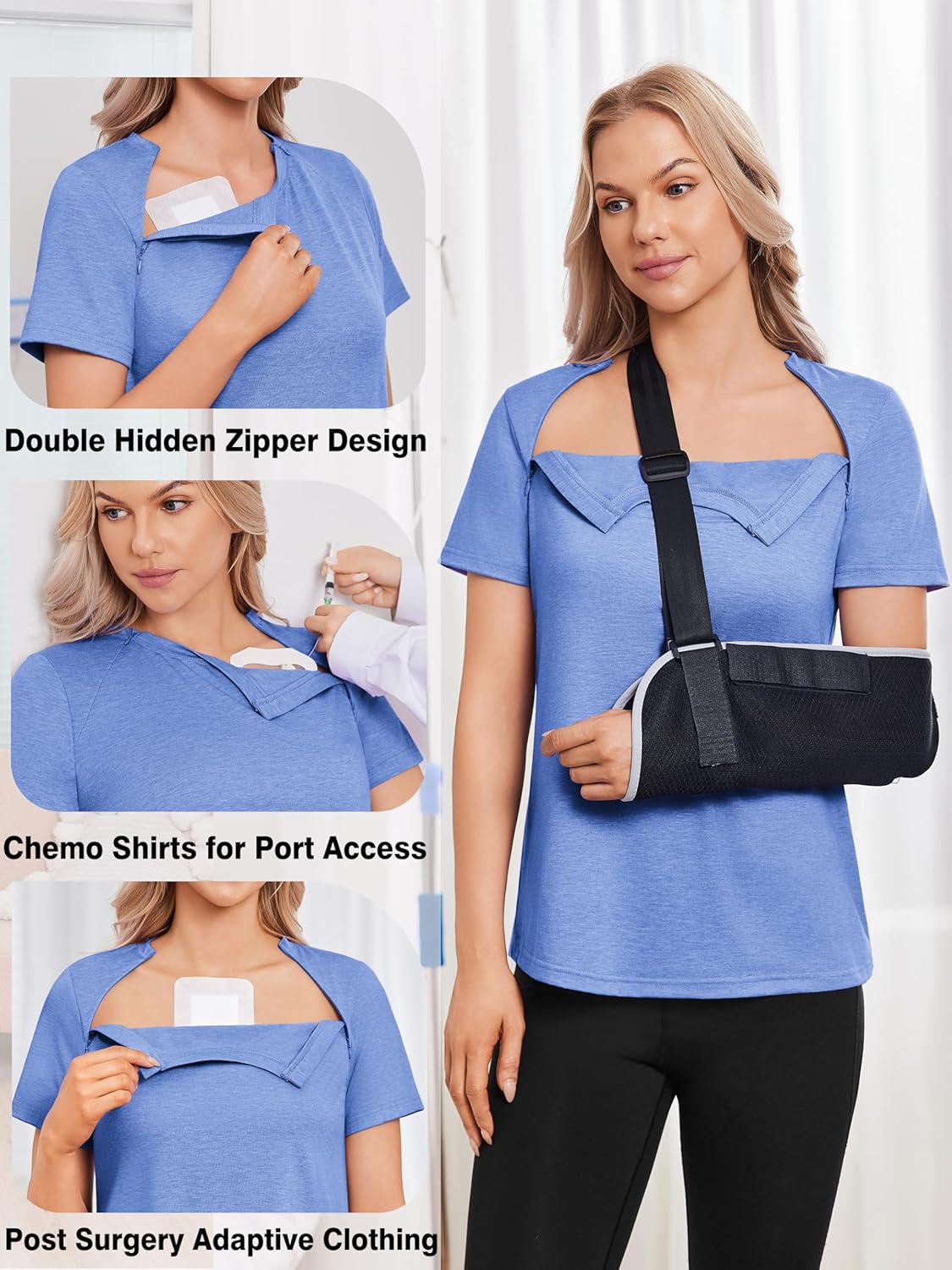 Deyeek Chemo Shirts for Port Access Women with 2 Hidden Side Zippers Post Surgery Short Sleeve Tear Away Adaptive Top Tees - Image 4