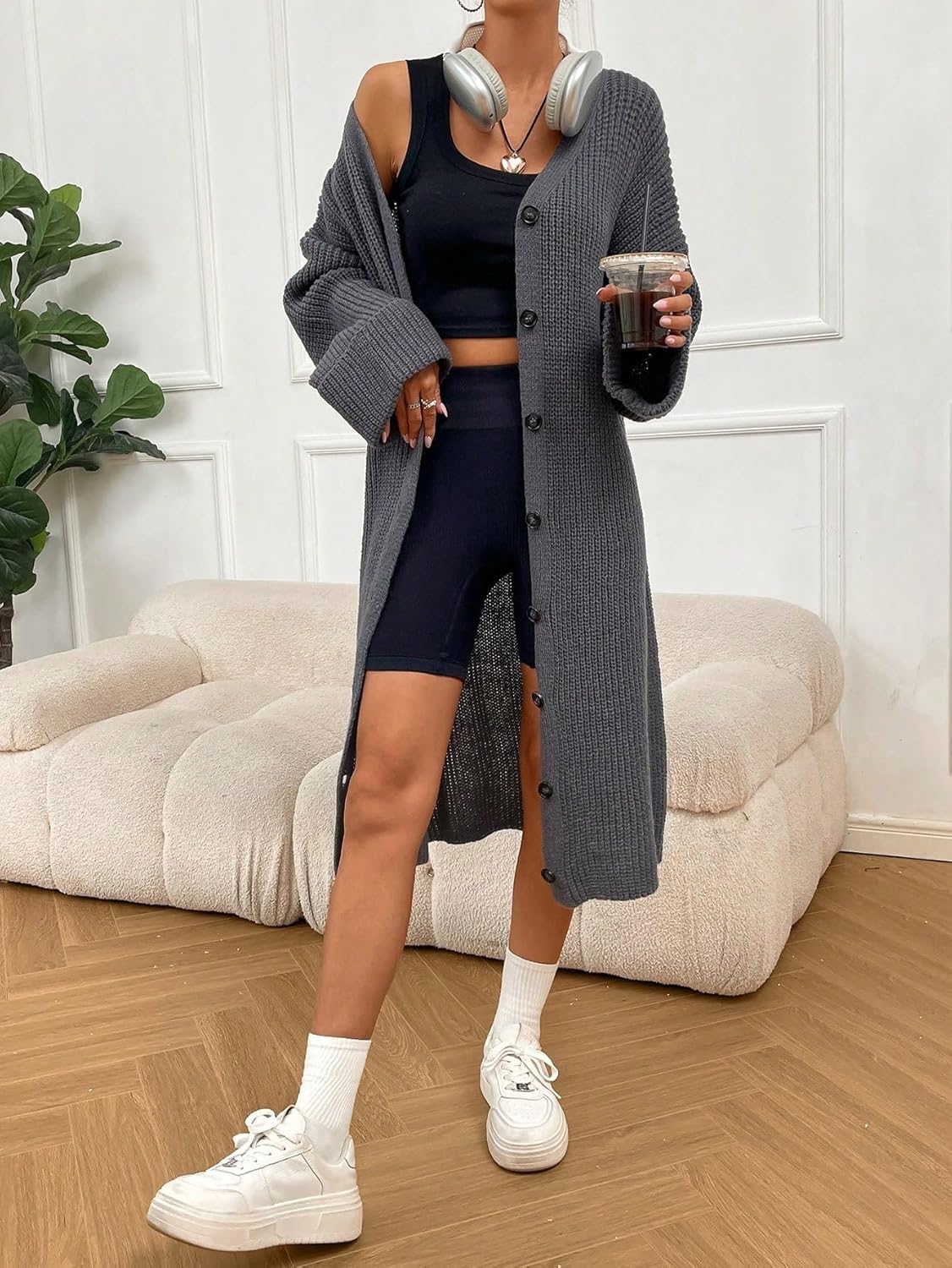 Drop Shoulder Button Front Cardigan - Oversized Long Sleeve Casual Sweater (Color : Dark Grey, Size : Large)