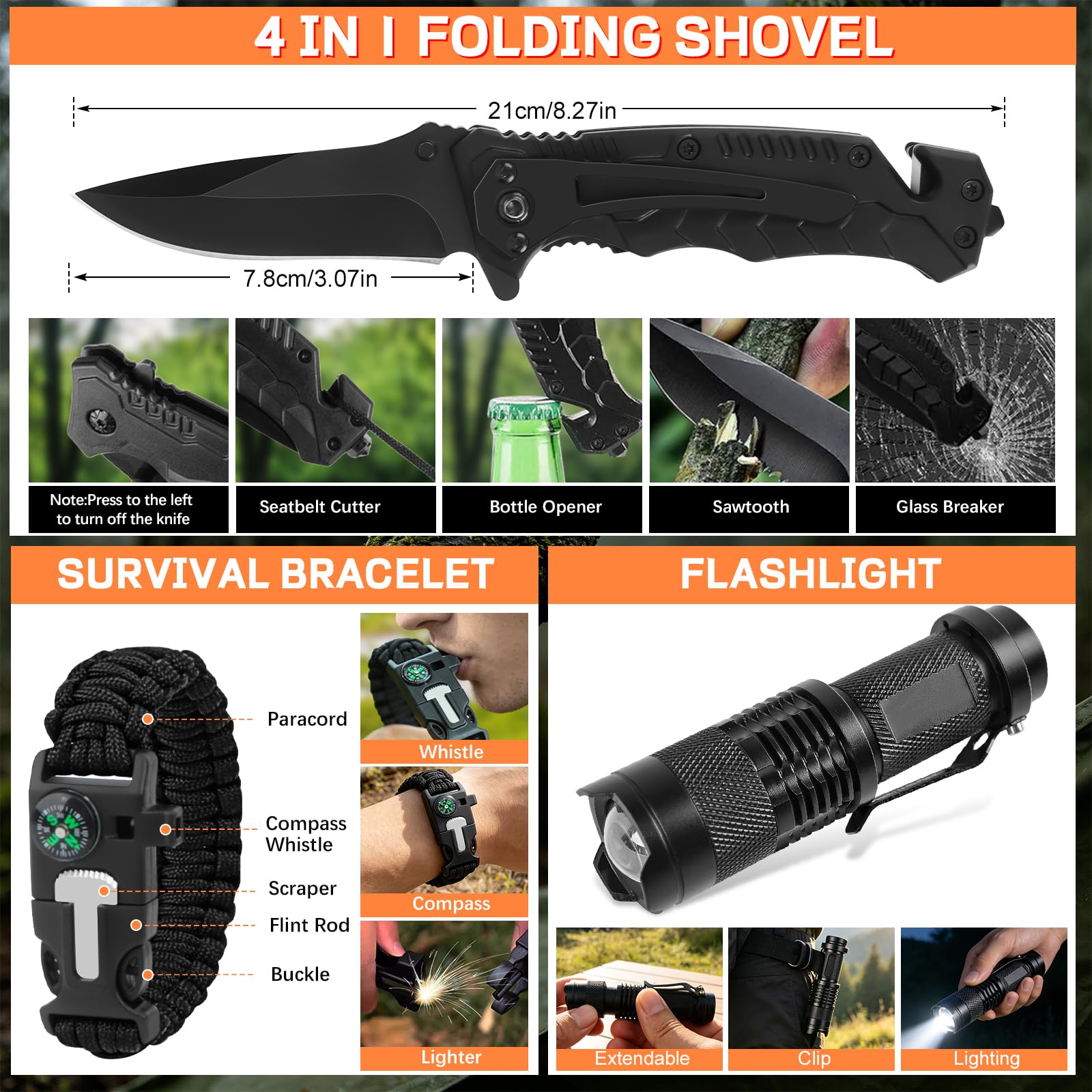 34 in 1 Kit di sopravvivenza per esterni, con radio, pinze, strumenti, bussola, torcia tattica per uomini, campeggio, avventura, escursioni all'aperto-85 pezzi
