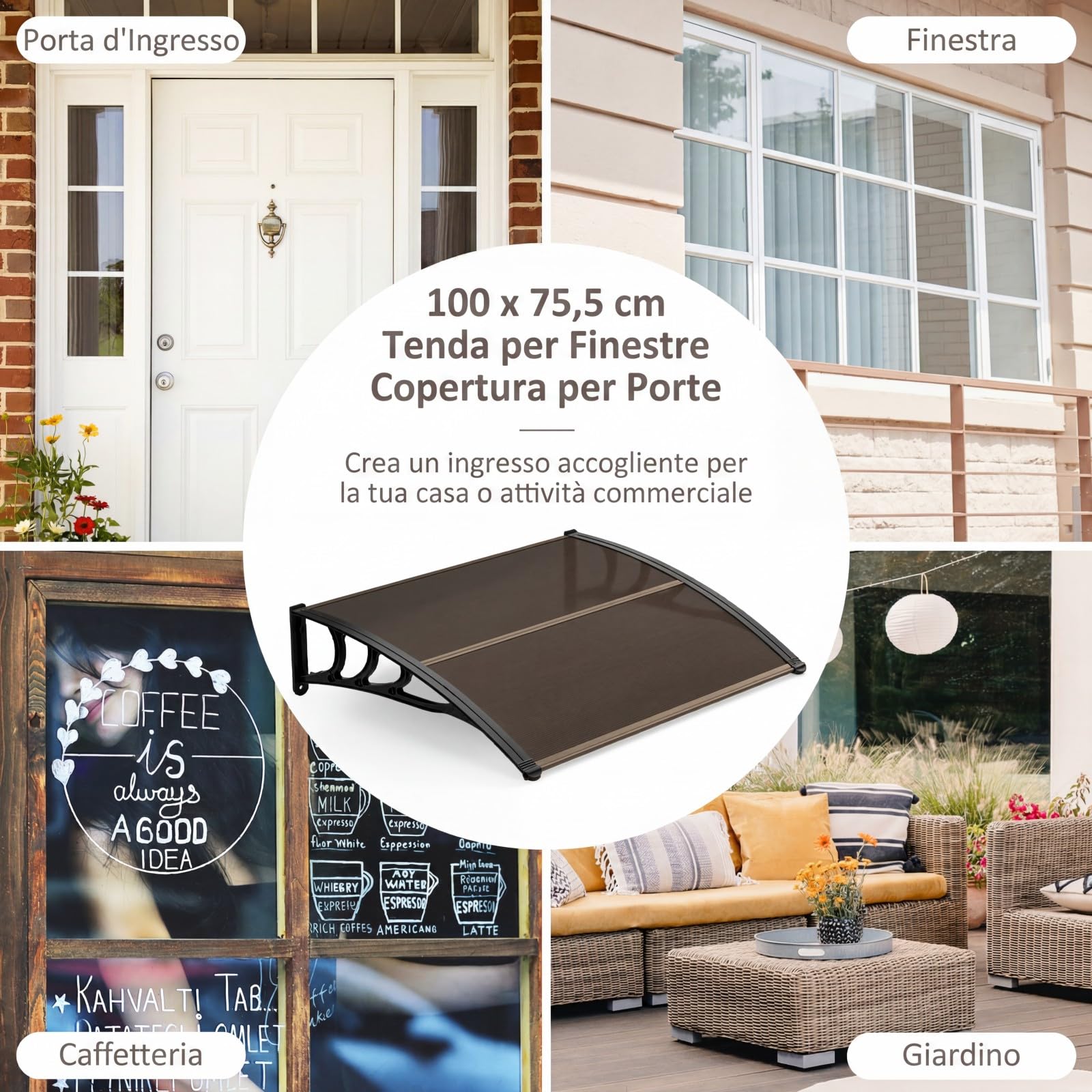 COSTWAY Pensilina Tettoia per Porta, Tettoia Parasole per Ingresso in Policarbonato, Robusta Barra di Fissaggio in Alluminio, Facile da Installare, per Finestra, Balcone, 100 x 75,5 x 23 cm (Marrone)