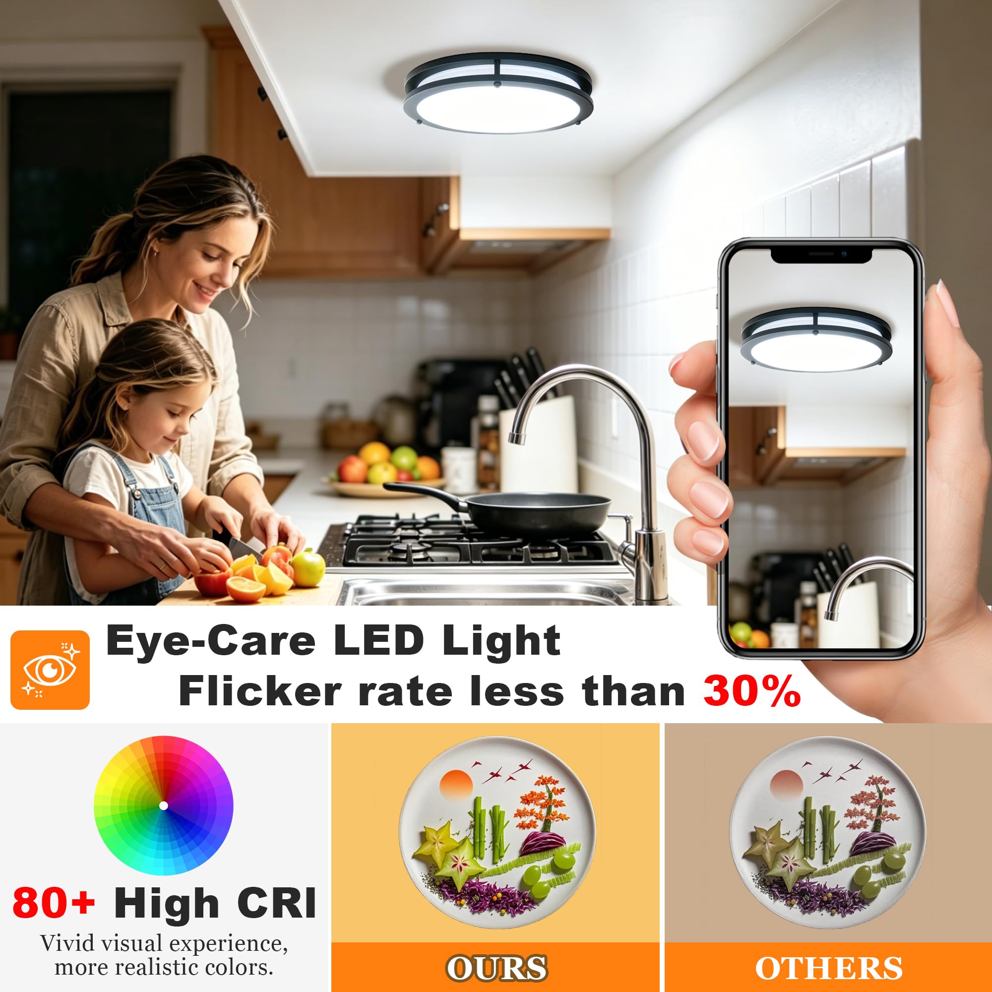 FishBelly Plafonnier LED Noir 30,5 cm pour Entrée, 2700K 3000K 3500K 4000K 5000K, Dimmable, Étanche, Plafonnier LED pour Salle de Bain, Cuisine, Entrée, Plafonnier Rond pour Couloir, 23W, 1400-1650LM