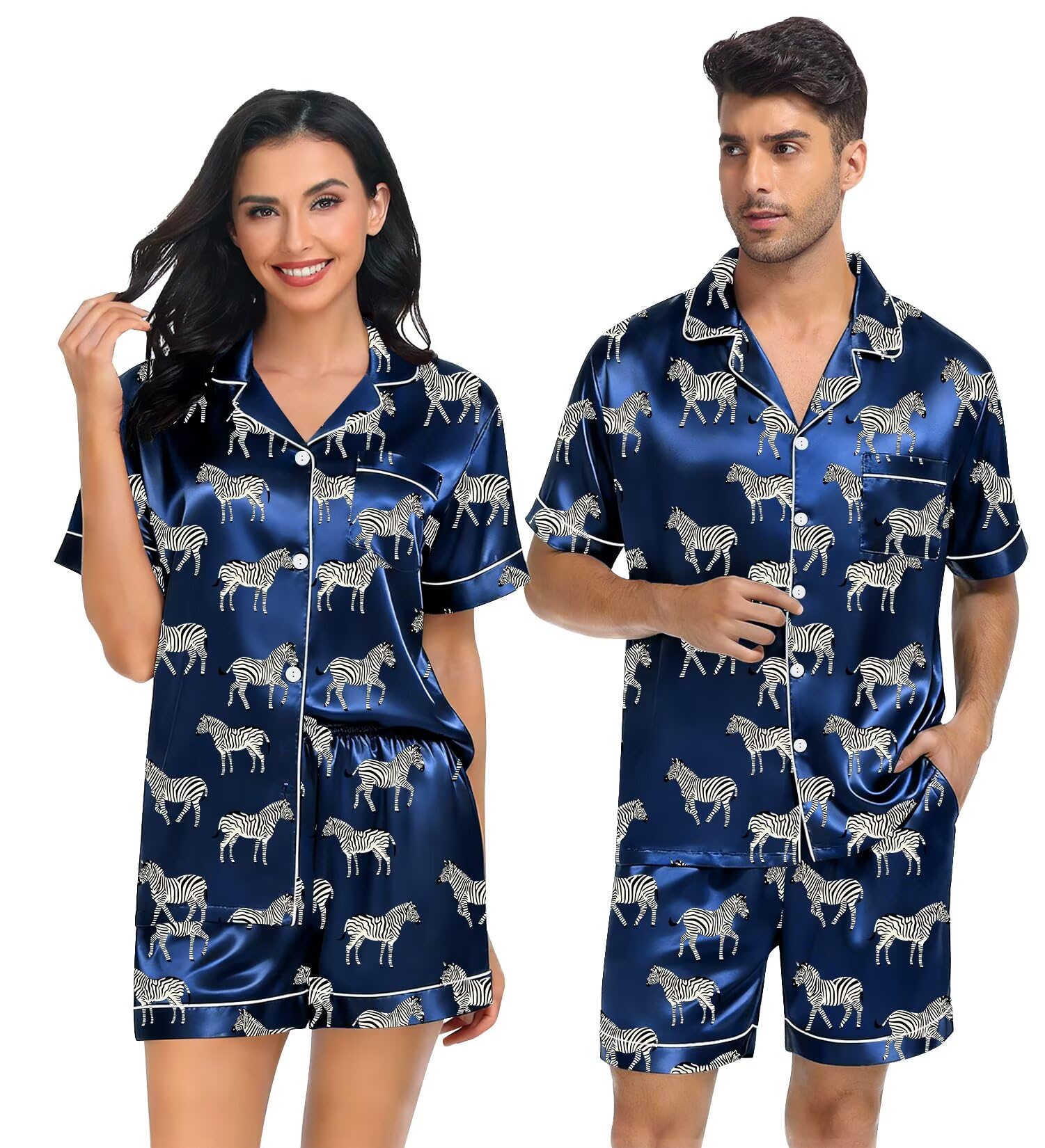 SWOMOG Satin Matching Pajamas Sets Couple Silk Button Down Nightwear Women &amp; Men Short Sleeve Sleepwear 2 Pieces Loungewear