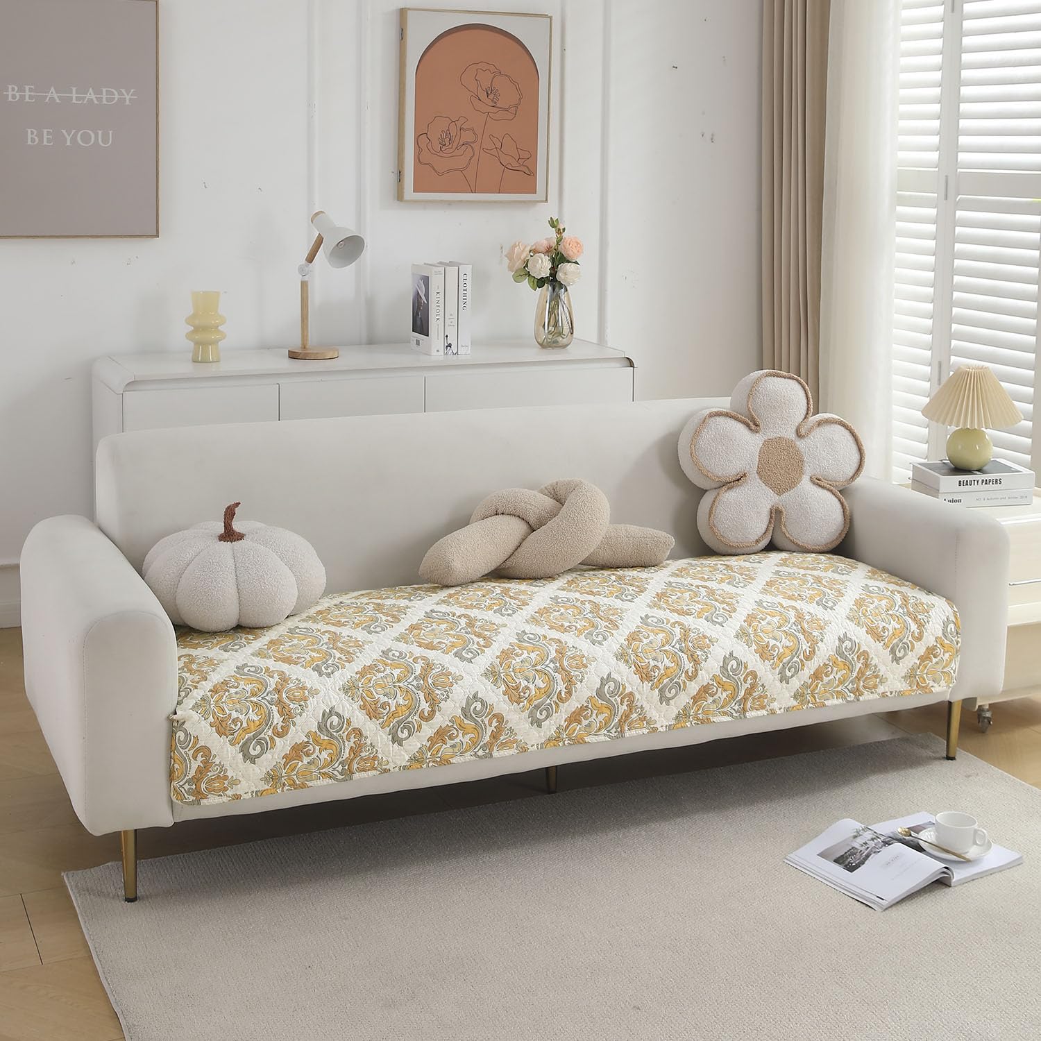 HOKIPO 'VivaCasa Series' Polyester Printed Quilted Sofa Cover Mats for L Shape and 1/2/3 Seater Sofa. Make Your Own Sofa Cover Set,Mat Length 90(D) X 170(L) Cm, Damask Beige (In-795-D4)-image-3