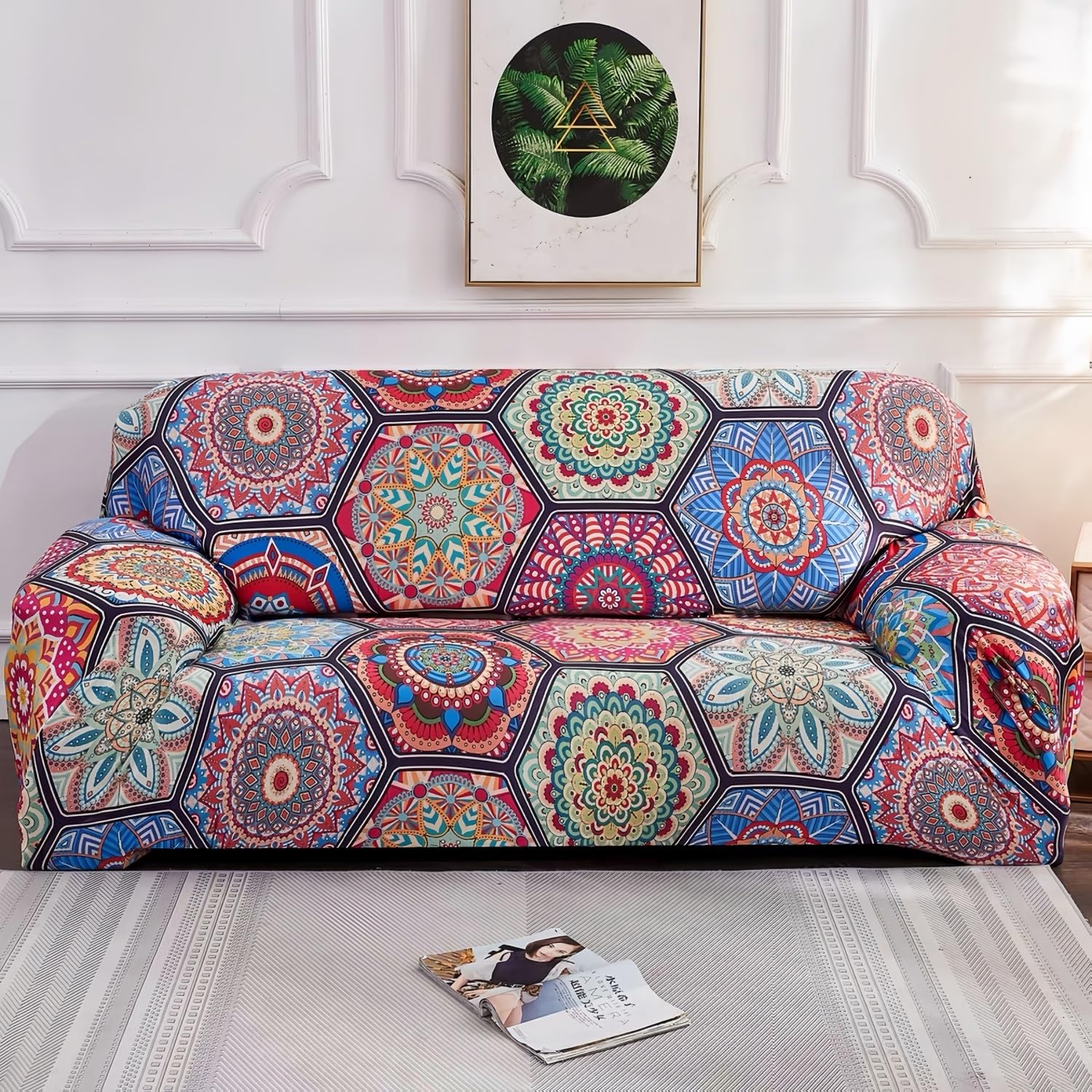 Stretch Sofabezug mit Muster, rutschfest und waschbar, weicher elastischer Couchbezug mit Rundum-Schutz und Fixierbändern, formstabil, für 1 bis 4 Sitzer(B,235cm-300cm)