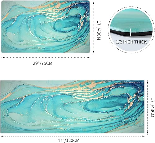 Miniatura 2 de MAYHMYO Juego de 2 alfombras y tapetes de cocina verde azulado mármol dorado antifatiga, PVC antideslizante, espuma turquesa, acolchada, para piso,