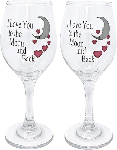 Lovers - Juego de 2 copas de vino, con texto en inglés "I Love You to the Moon & Back with Red Hearts", diseño de corazón, aniversario, boda,