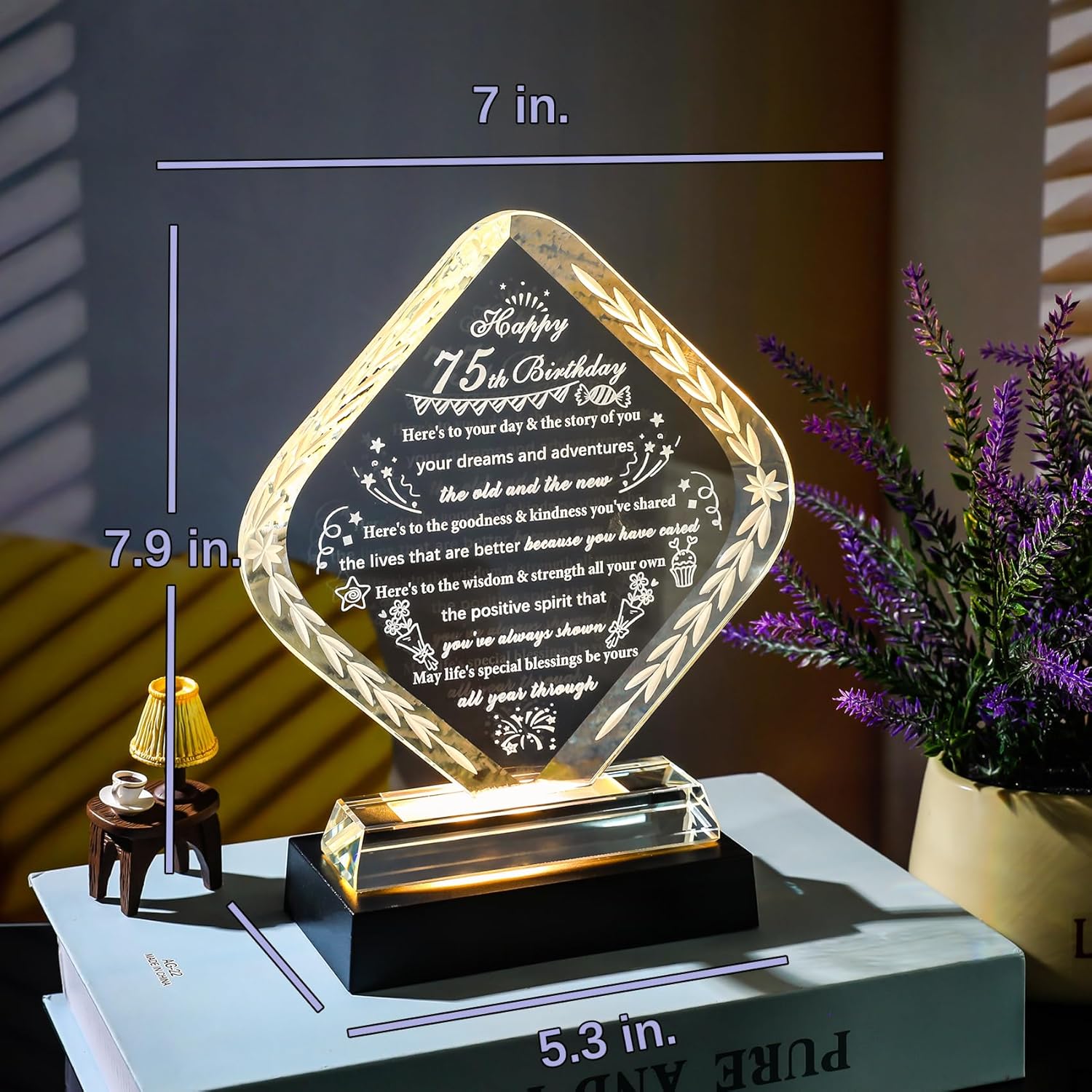 YWHL 75th Birthday Gifts for Men Women with Light Base Crystal Happy 75th Birthday Plaque Decorations Best Gift Ideas for 75 Year Old Mom Dad Wife Husband Born in 1950 - Image 2