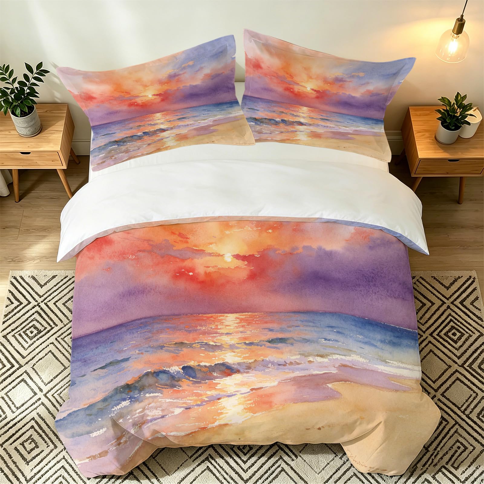 Housse de couette 220x240 imprimé crepuscule parure de lit microfibre douce 3 pièces