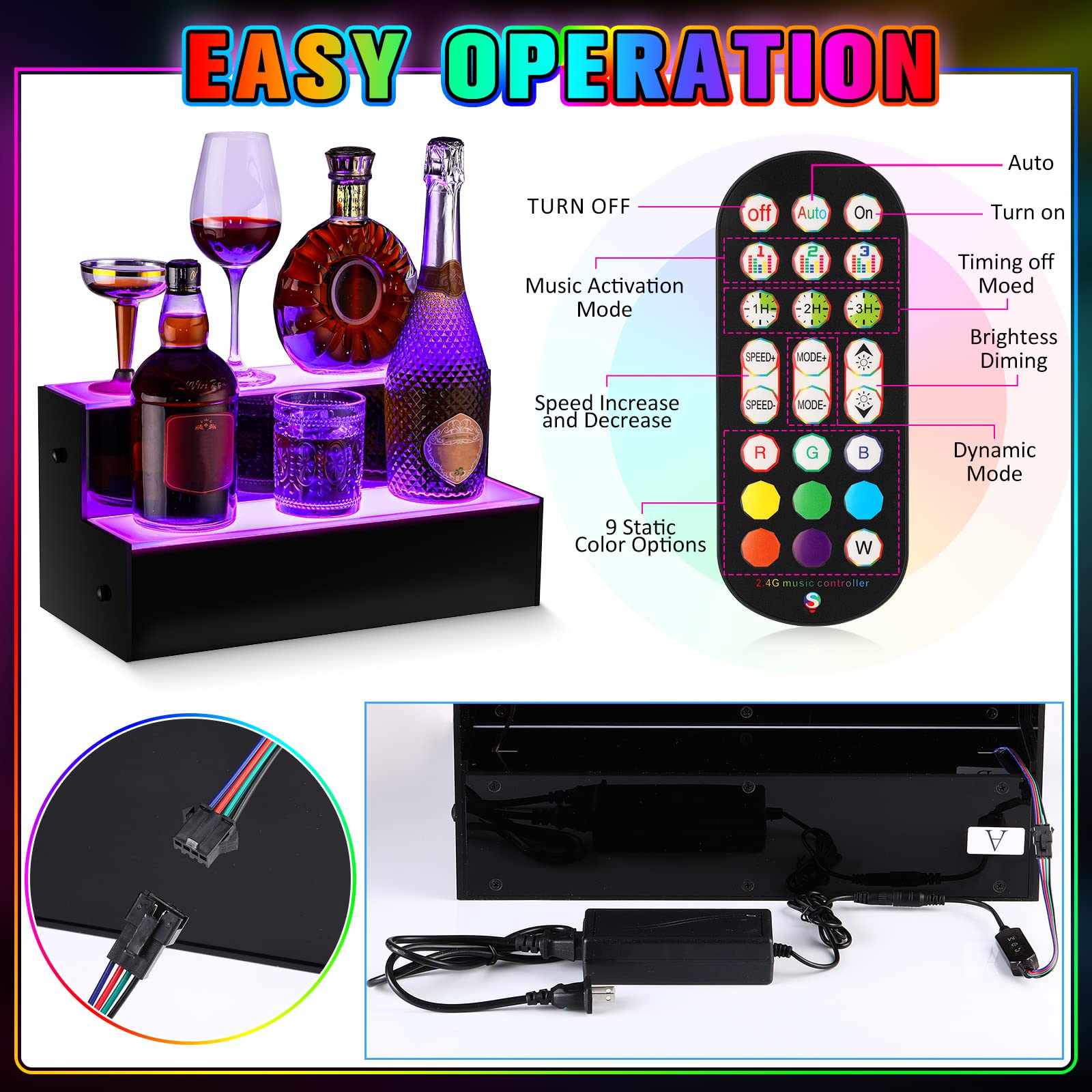 Qunclay 2 Pcs LED Lighted Liquor Bottle Display Bar Shelf 16 Inch 2 Step Illuminated Bar Bottle Alcohol Shelves for Home Bar Commercial Counterparty Acrylic Whiskey Rack Stand with Remote App Control