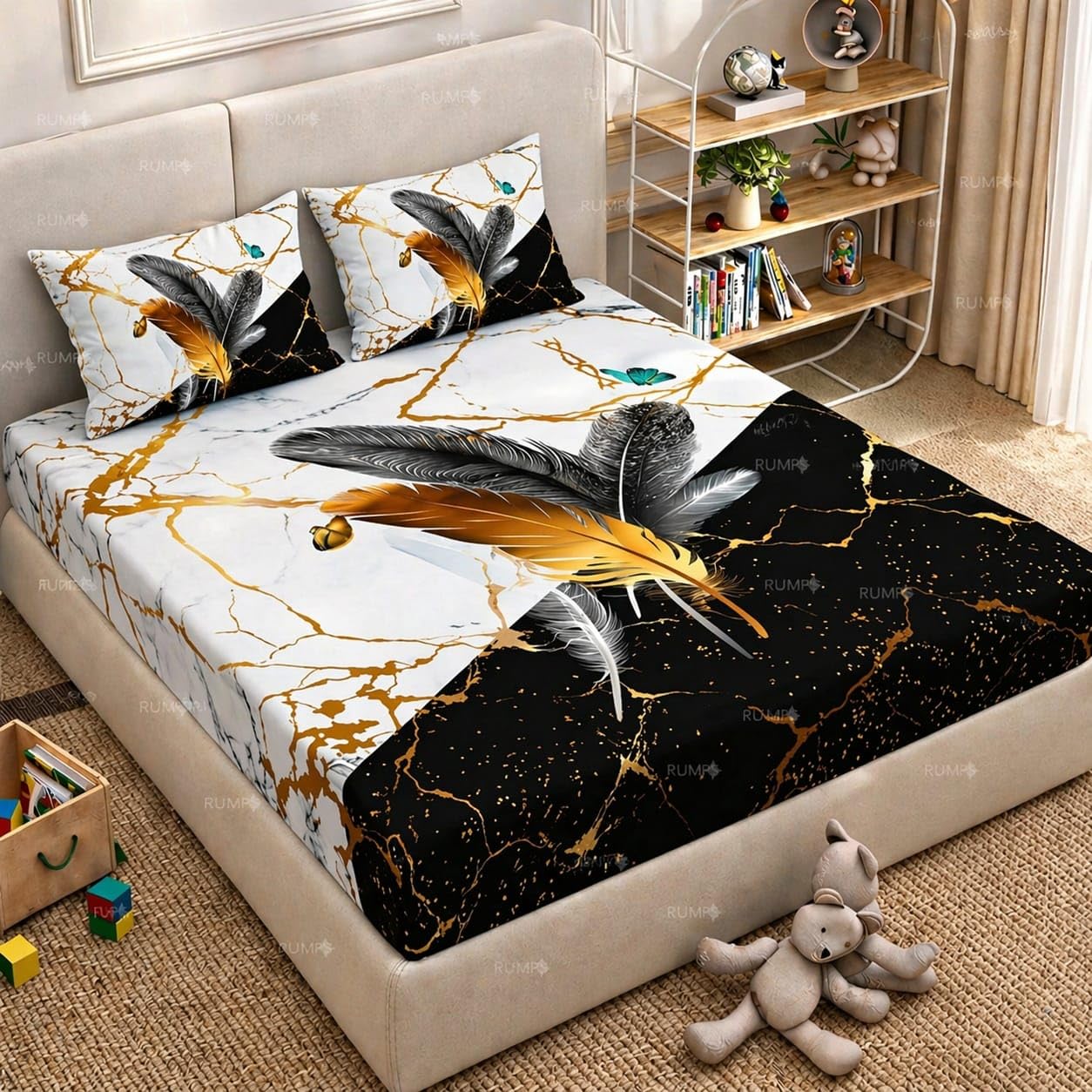 RUMPS 7D Marble Feather Printed Flat Bedsheet King Size 90x100 Inch with 2 Pillow Covers 16x26 Inch | Luxury Microfiber Double Bedsheet | Modern Designer Bedsheet