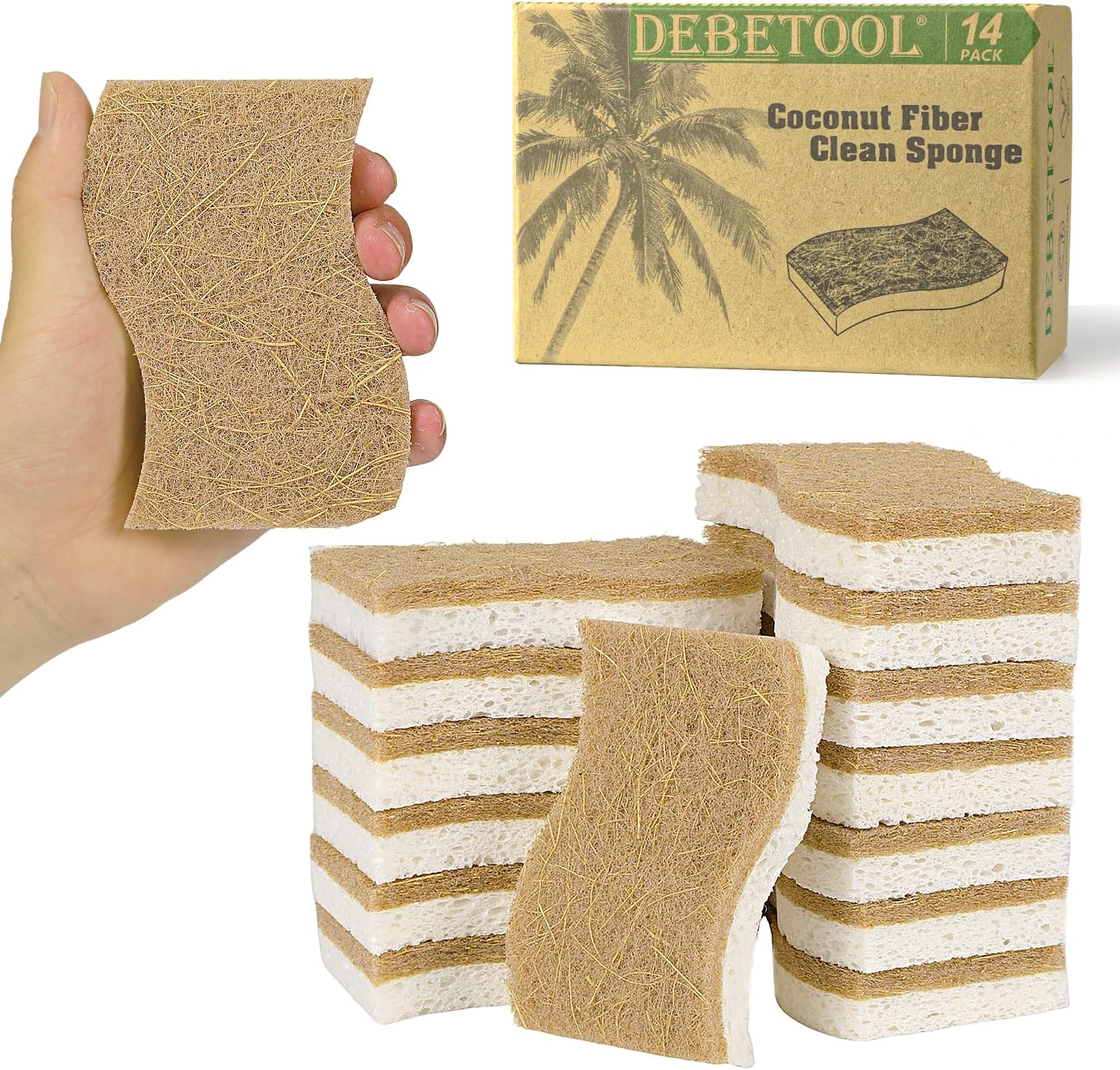 DEBETOOL Natural Kitchen Sponge, Eco-Friendly Dish Sponge for Kitchen - Biodegradable Cellulose and Coconut Scrubber Sponge-Pack of 14 Household Cleaning Sponge for Dishes