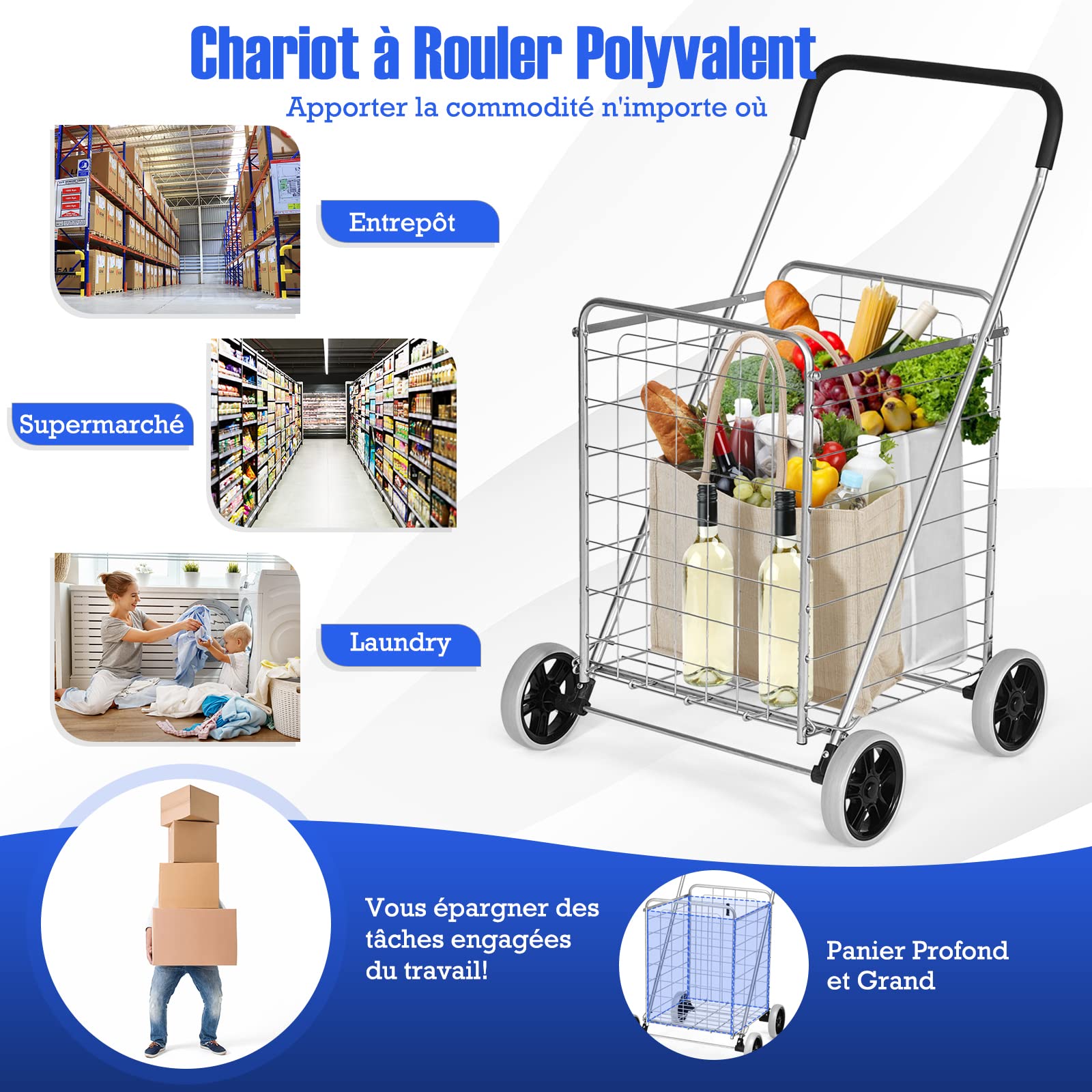 GYMAX Chariot de Courses Pliable, Caddie de Courses à roulettes, Capacité 83L, avec Poignée en Mousse, Pratique pour Provisions/Shopping/Supermarché（M）