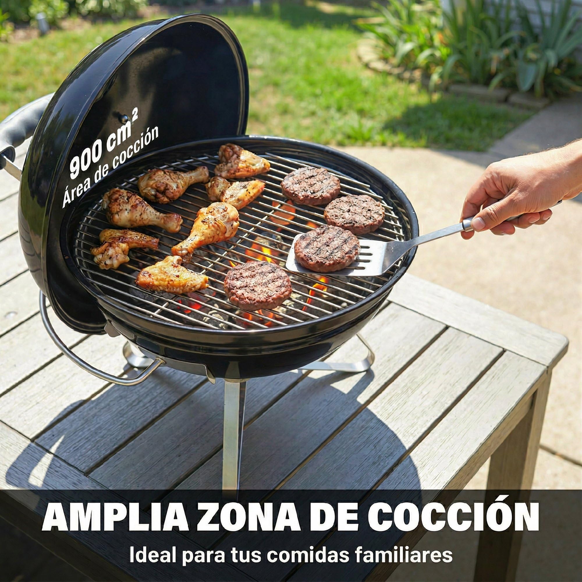 Outsunny Barbacoa de Carbón Portátil, Barbacoa de Carbón Redonda, Tapa con Soporte, Rejilla, Ventilación Ajustable, para Balcón, Picnic, Camping, Ø41x44 cm, Negro