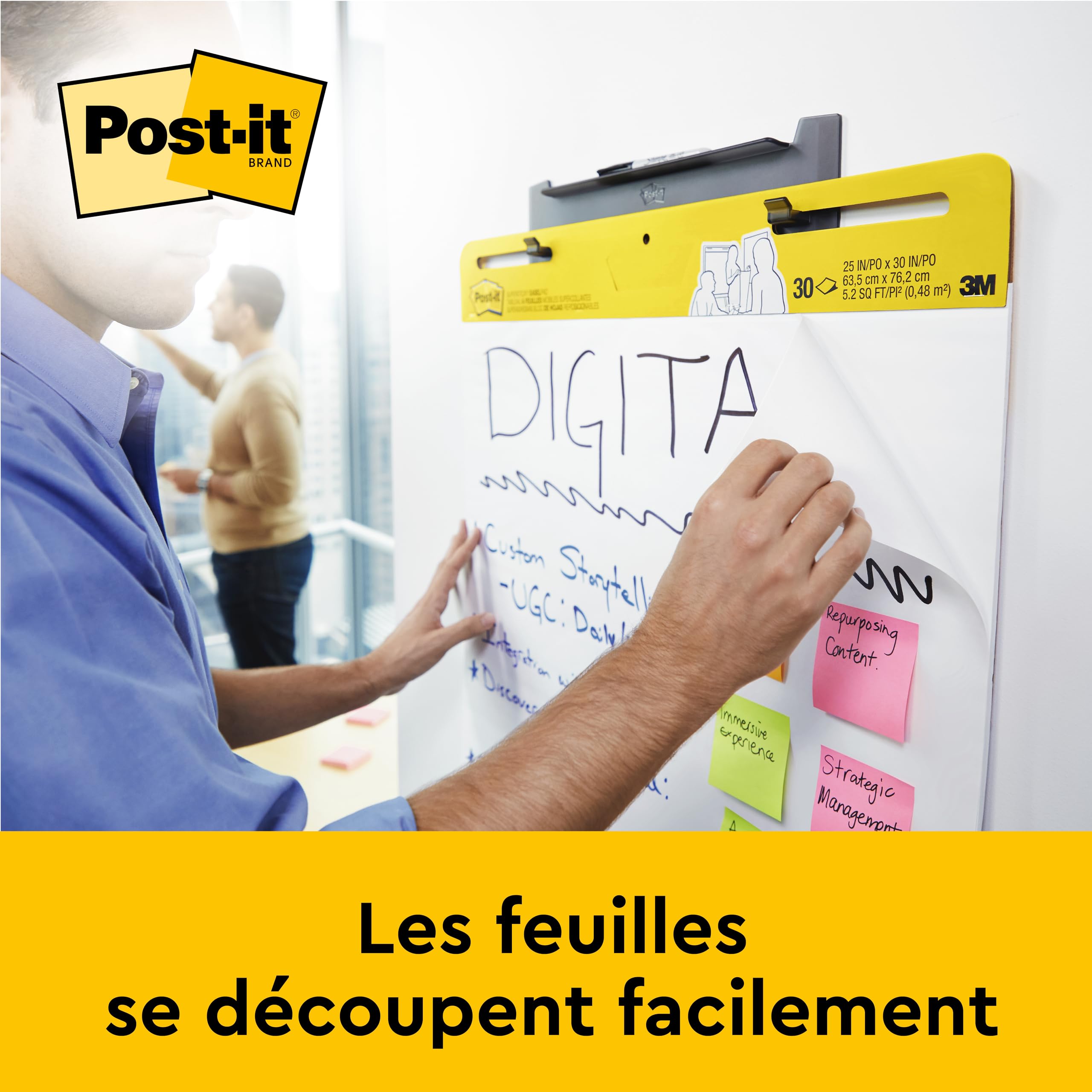 Post-it Meeting Chart, Blanc, 63.5 cm x 76.2 cm, Pack Promotionnel + Post-it Notes Super Sticky, Couleurs Néon Assorties, 2 Blocs + 4 Gratuits/Paquet