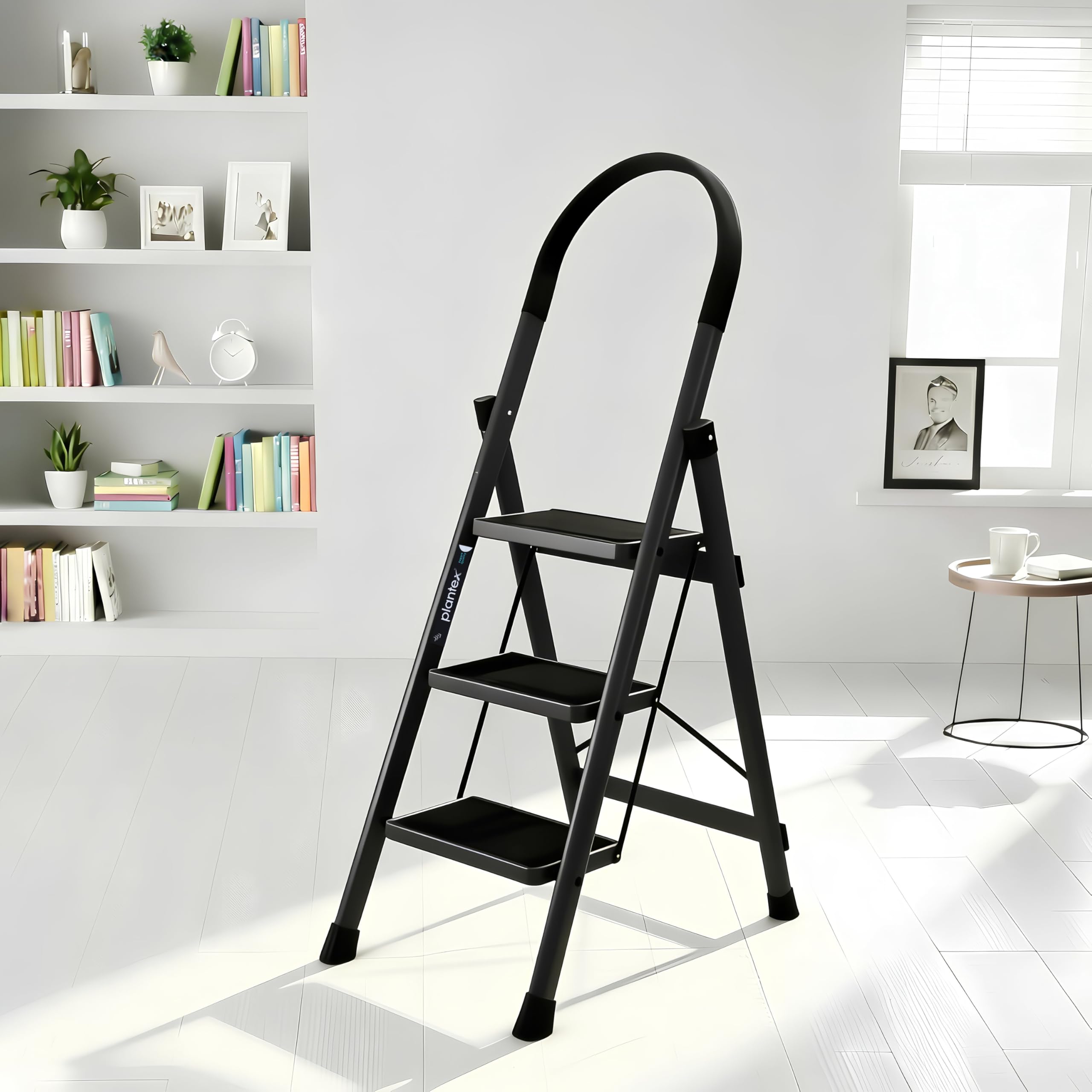 Plantex Ladder for Home 3 Steps/Foldable Ladder with Anti-Skid Wide Steps (30L x 20W cm)/Strong D-Shape Pipe with X-Support for More Stability/5 Year Warranty(Apex-Black)