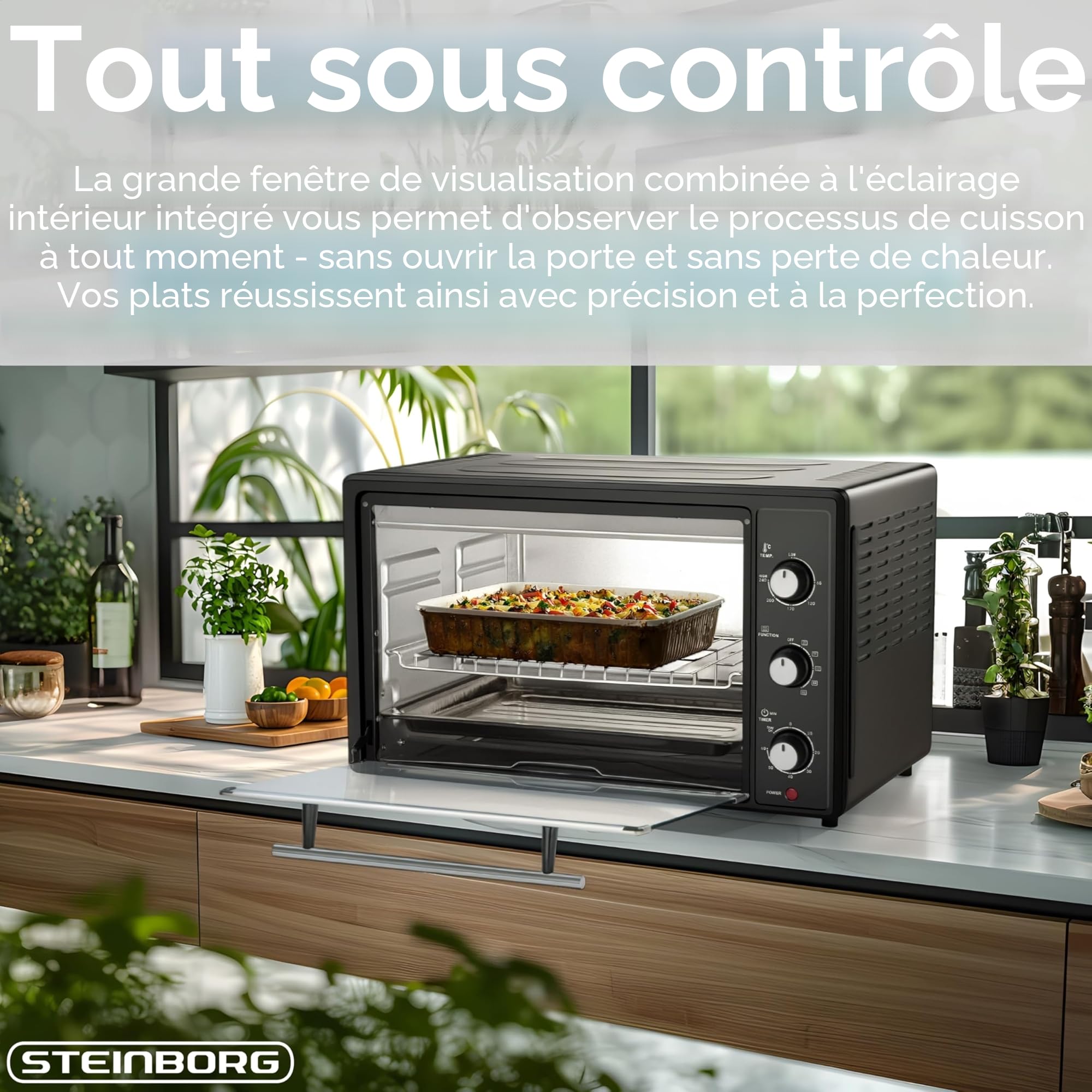 Mini four 45 l avec chaleur tournante | Tournebroche électrique | 1800 W | Four à chaleur tournante | Four à pizza | Éclairage intérieur | Avec plaque de cuisson et grille de cuisson | Mini four |