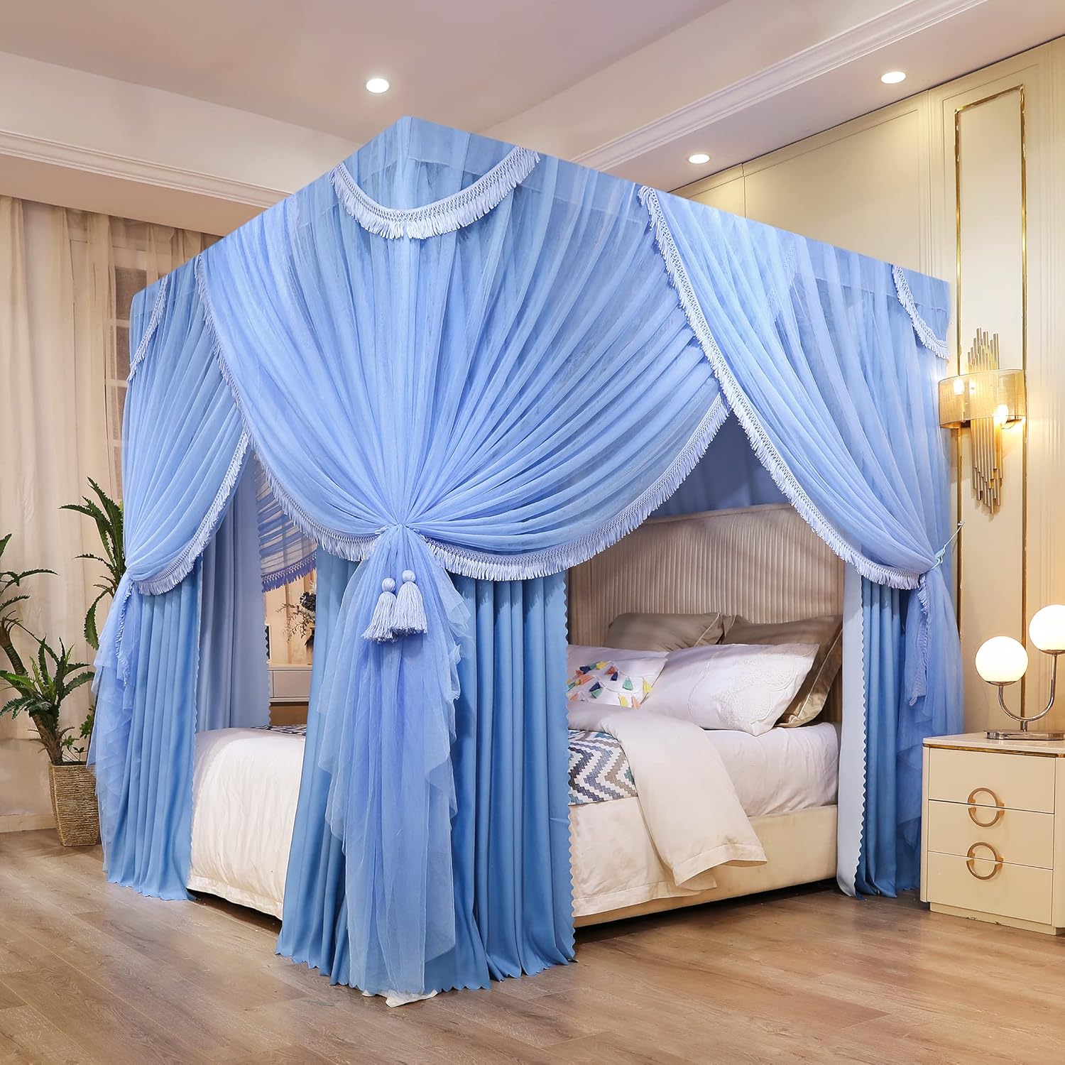 Mengersi Canopy Bed Curtains,Boho Tassel Bed Canopy With Canopy Bed Frame Poles,Bed