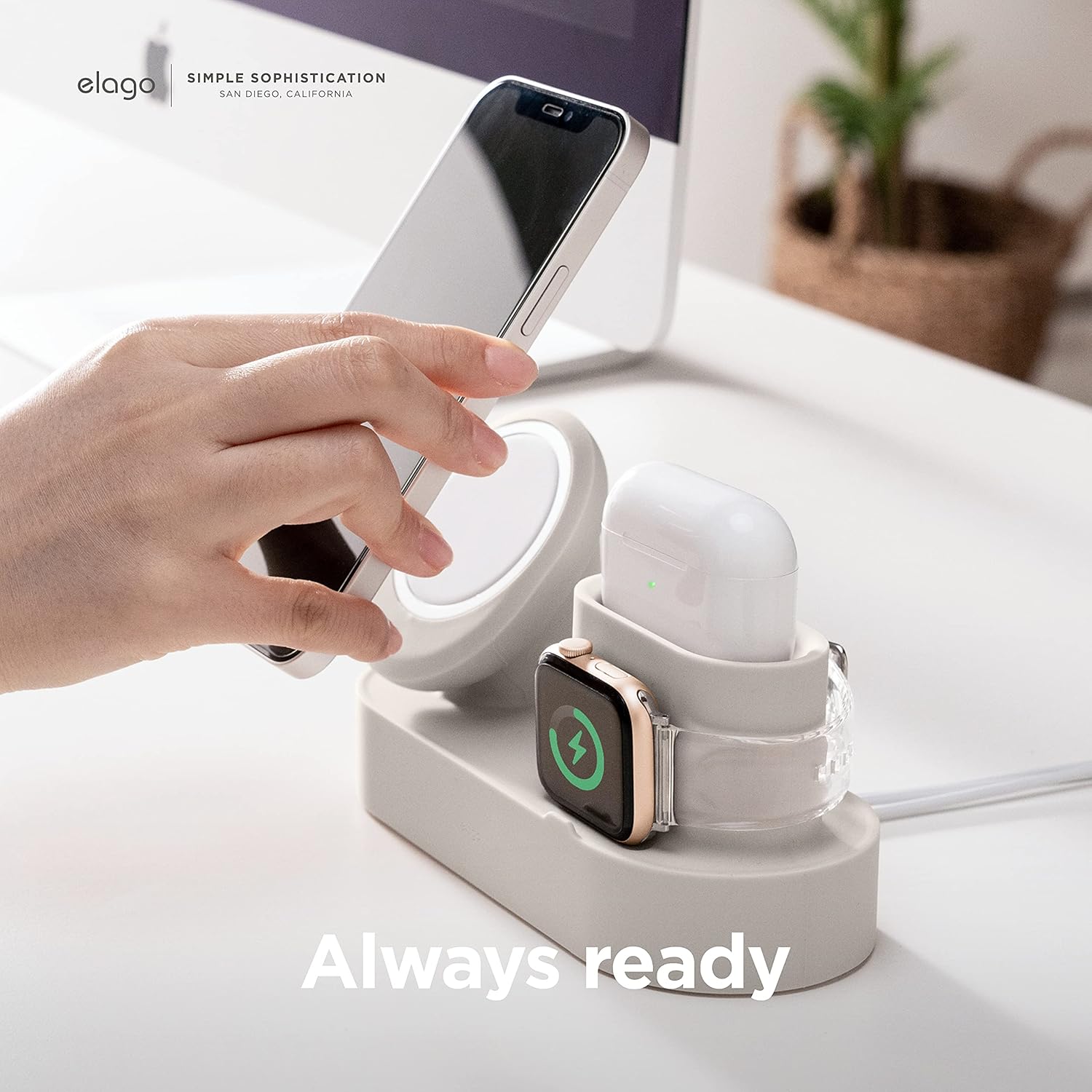 elago MS Charging Station 2 - Compatible with iPhone 17/16/15/14/13/12 Series, AirPods Pro 2/Pro, AirPods 4/3 and All Apple Watch Series [Stone] [Charging Cables Not Included]