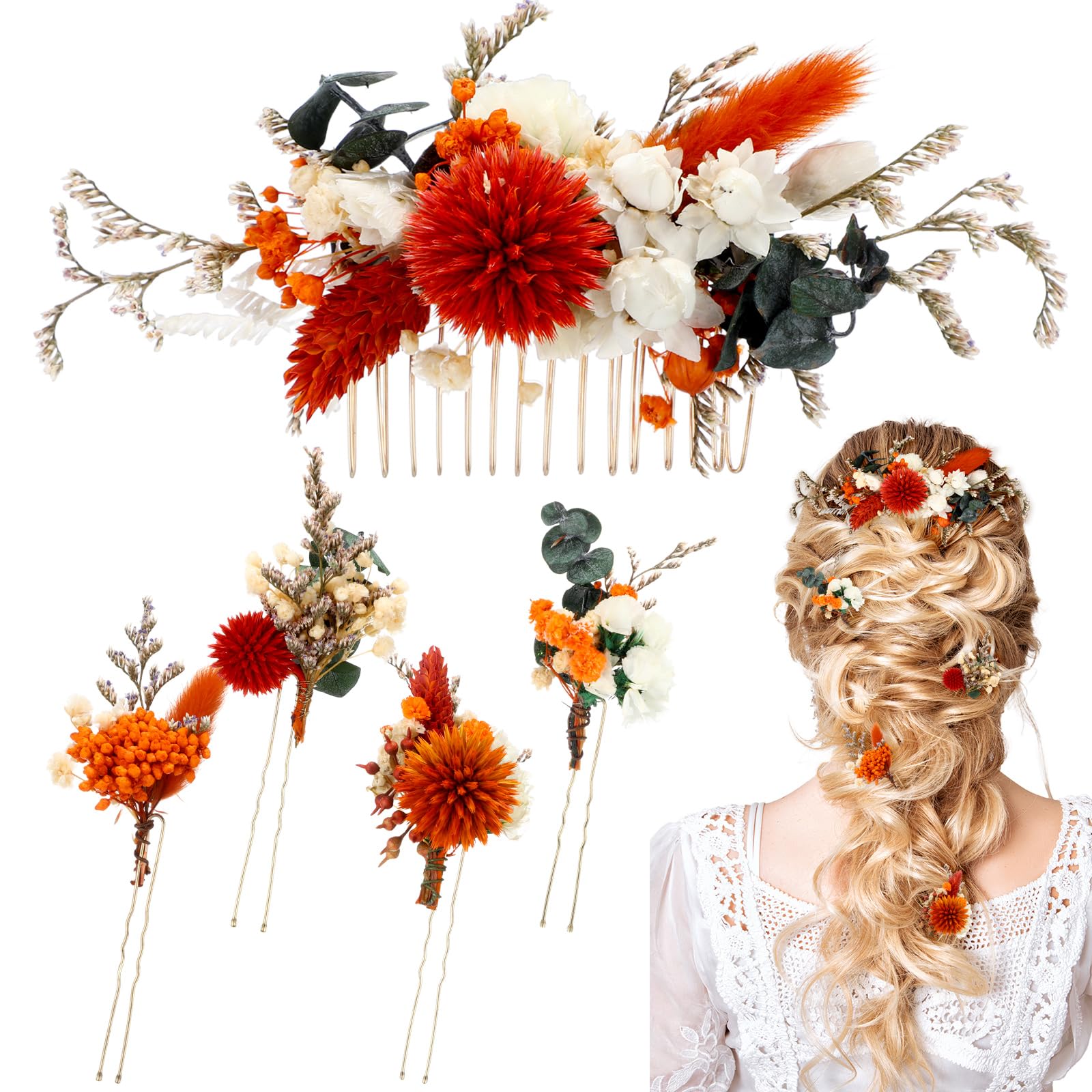 Amazon.com : Suncalla 5 Pcs Burnt Orange Dried Flower Hair Pins  display picture 1