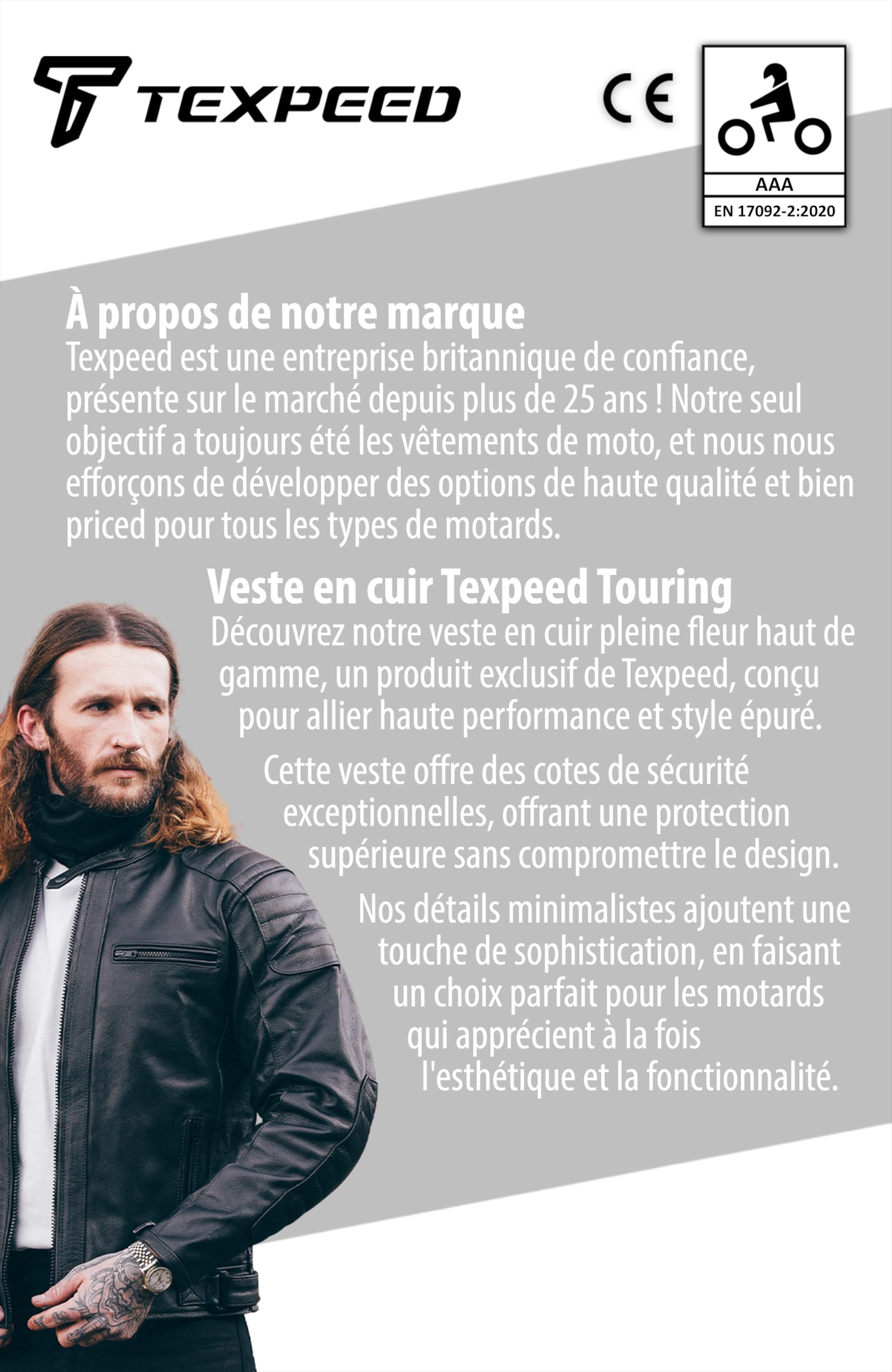 Texpeed Veste de moto en cuir pour homme - Homologué blouson été/hiver de moto de tourisme avec protection véritable biker CE armor (EN 1621-1) Design cousu matelassé - Noir - 7XL | EN 17092 Vêtement Moto Renforcé, EN 1621-1 [Niveau 1] Armure Motard Flexi