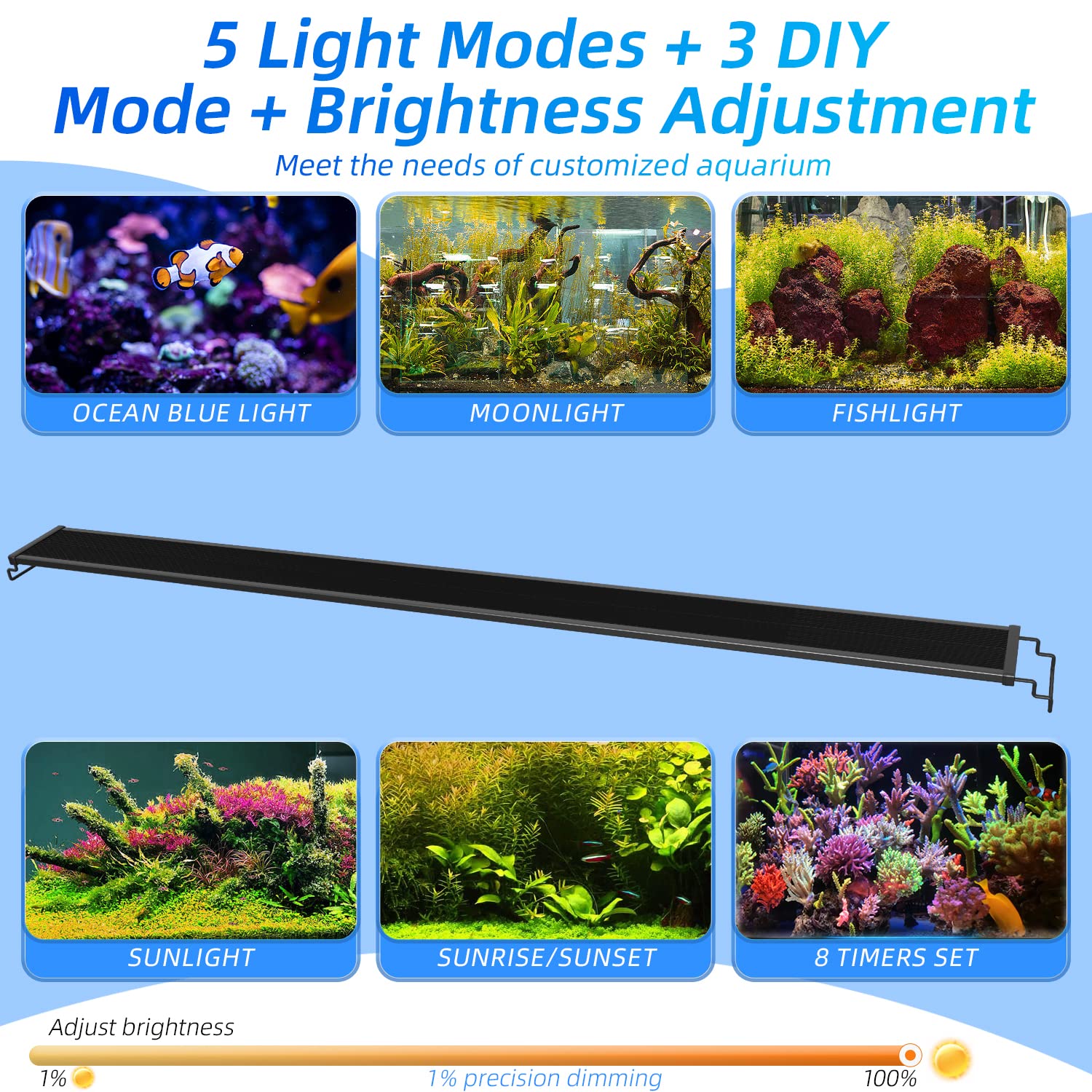 LED Aquarium Smart Éclairage Aquarium, Bluetooth Smart APP Control Fish Tank Light, 50W RGBW Spectre Complet Lumiere Eclairage, Mode programmable DIY, avec Minuterie,Convient 120-140cm aquariums.