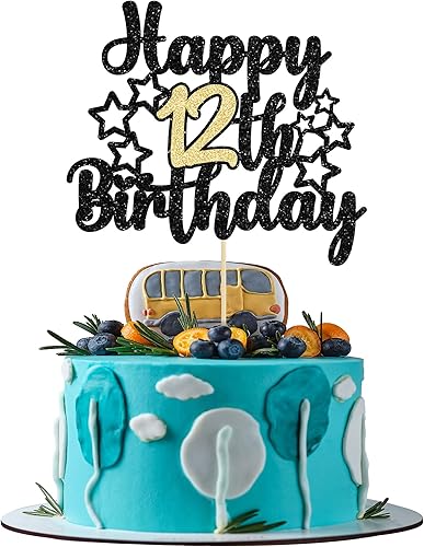 Gyufise 1 decoración para pastel de cumpleaños número 12, color negro y dorado con purpurina para felicitaciones a los 12 años de cumpleaños, 12