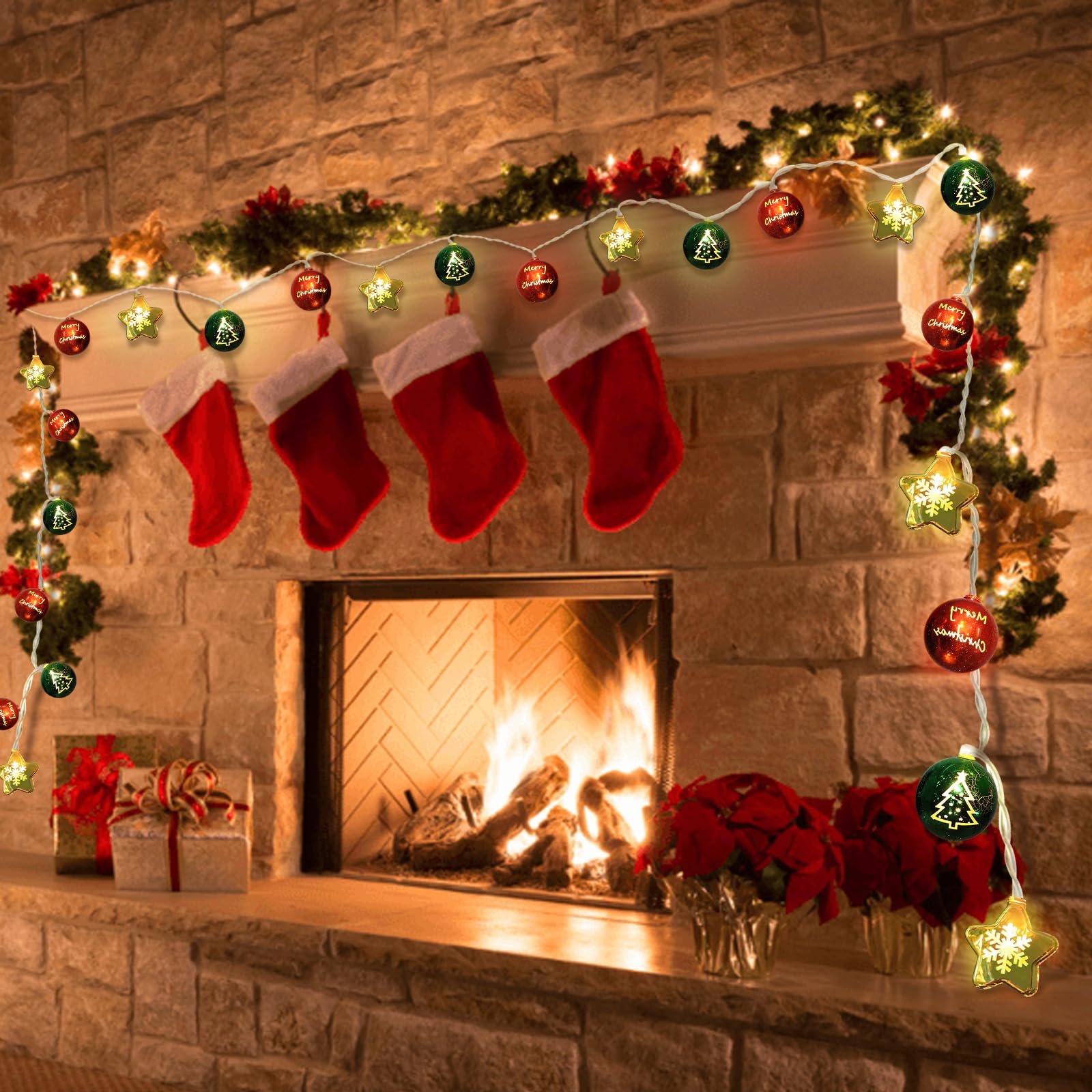 Lumières décoratives de Noël de 4,1 m, 20 DEL à piles avec minuterie et 8 modes, boules de Noël et étoiles décoratives pour sapin de Noël, couronne, fenêtre, mur, maison, jardin, extérieur et