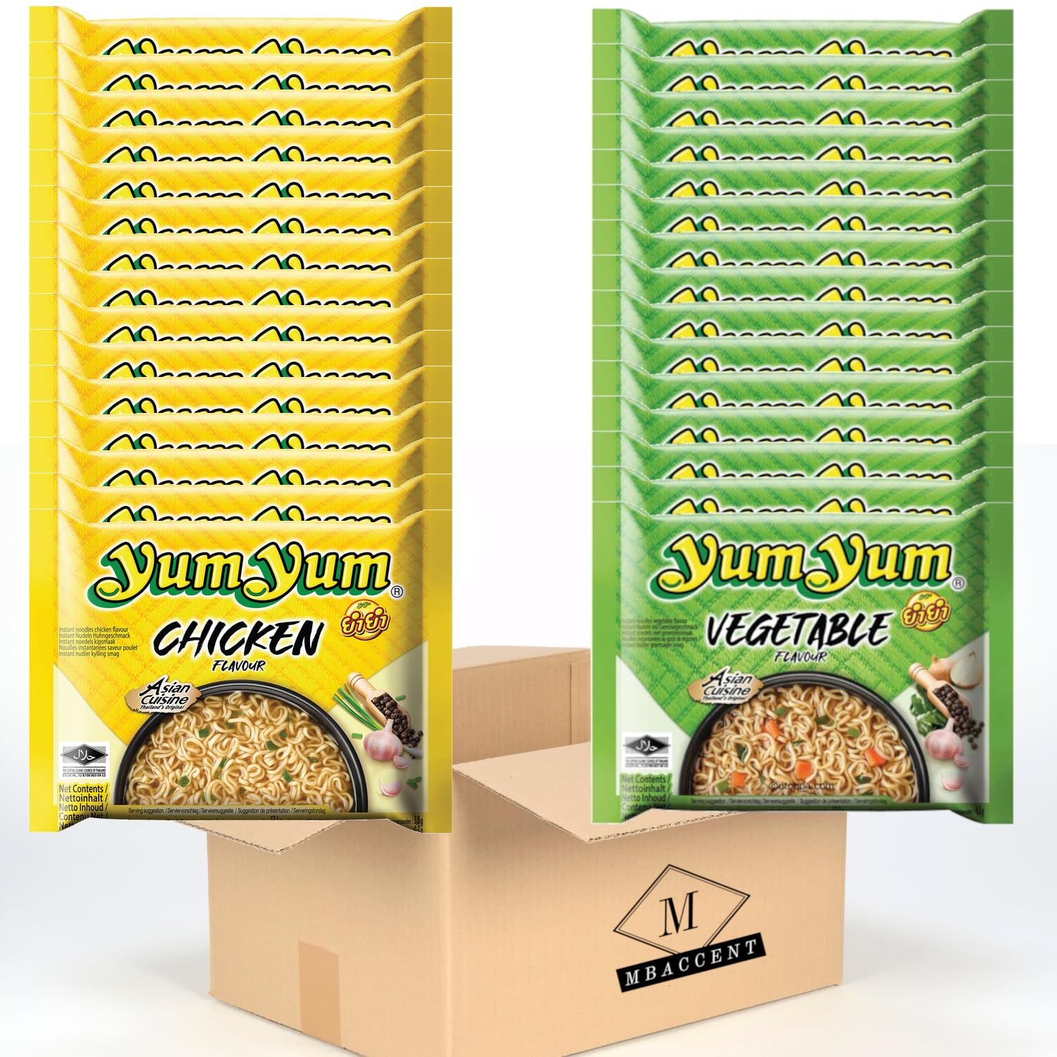 Yum-Yum Instant Nudeln Mixkarton 15x Huhn/Chicken 15x Gemüse/Vegetable - 30x60g (1800g) im MBAccent® Set