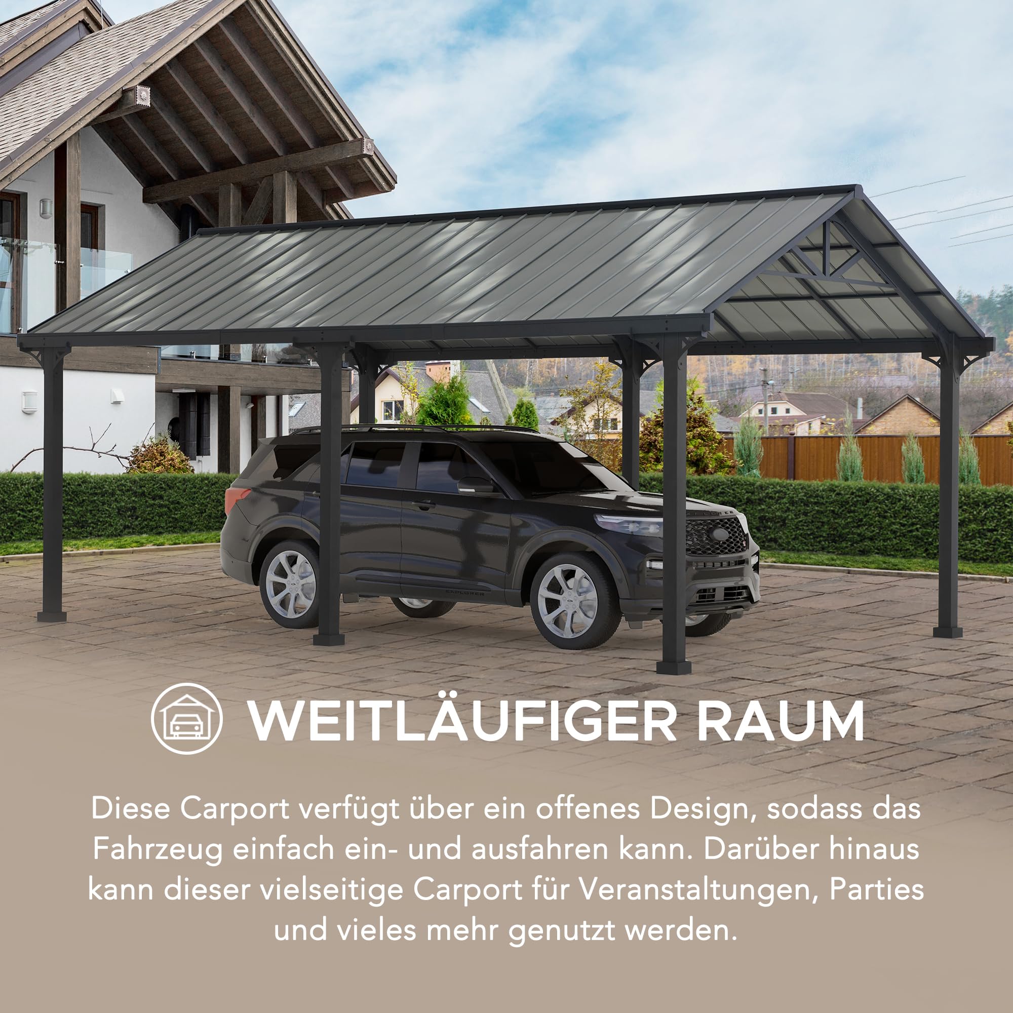 SUNJOY Carport für den Außenbereich, 6,1 x 3,6 m, dickere 10 cm Pfosten, pulverbeschichtetes Stahldach, Robustes Carport, UV-beständig und wasserdicht, Gartenpavillon für SUV, LKW und PKW, Schwarz