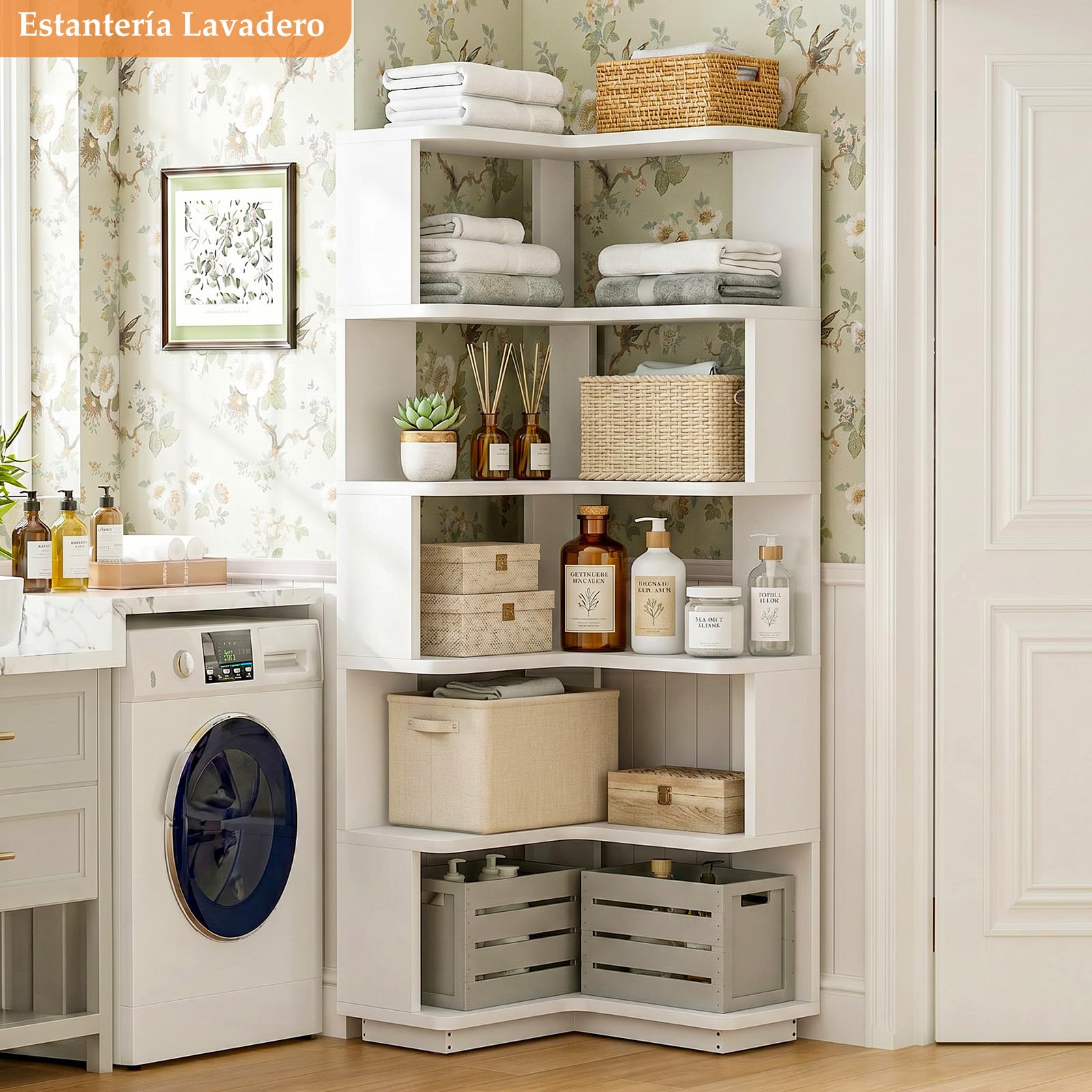 Homieasy Estantería Esquina de 5 Niveles para Libros, Blanco | 60x60x162cm, Forma L, Independiente con Sujetalibros, Salón y Oficina, Ahorro Espacio, Madera MDF