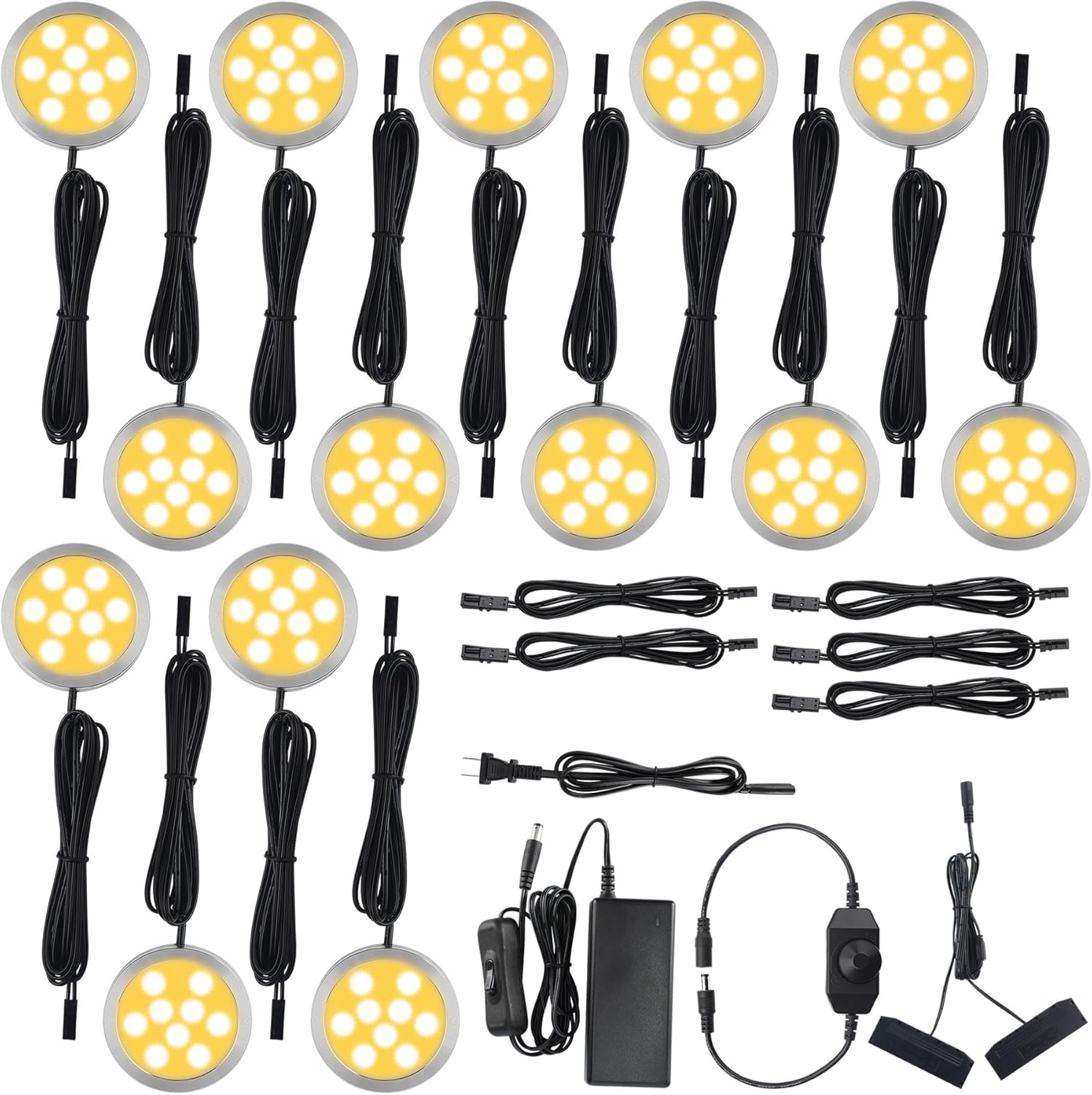 LED Puck Lights Kit for Under Cabinet Lighting, Rotary Dimmer Switch, Plug in & Hardwired, 110V AC Powered to DC12V, Black Cords, 14 Lights, Warm White
