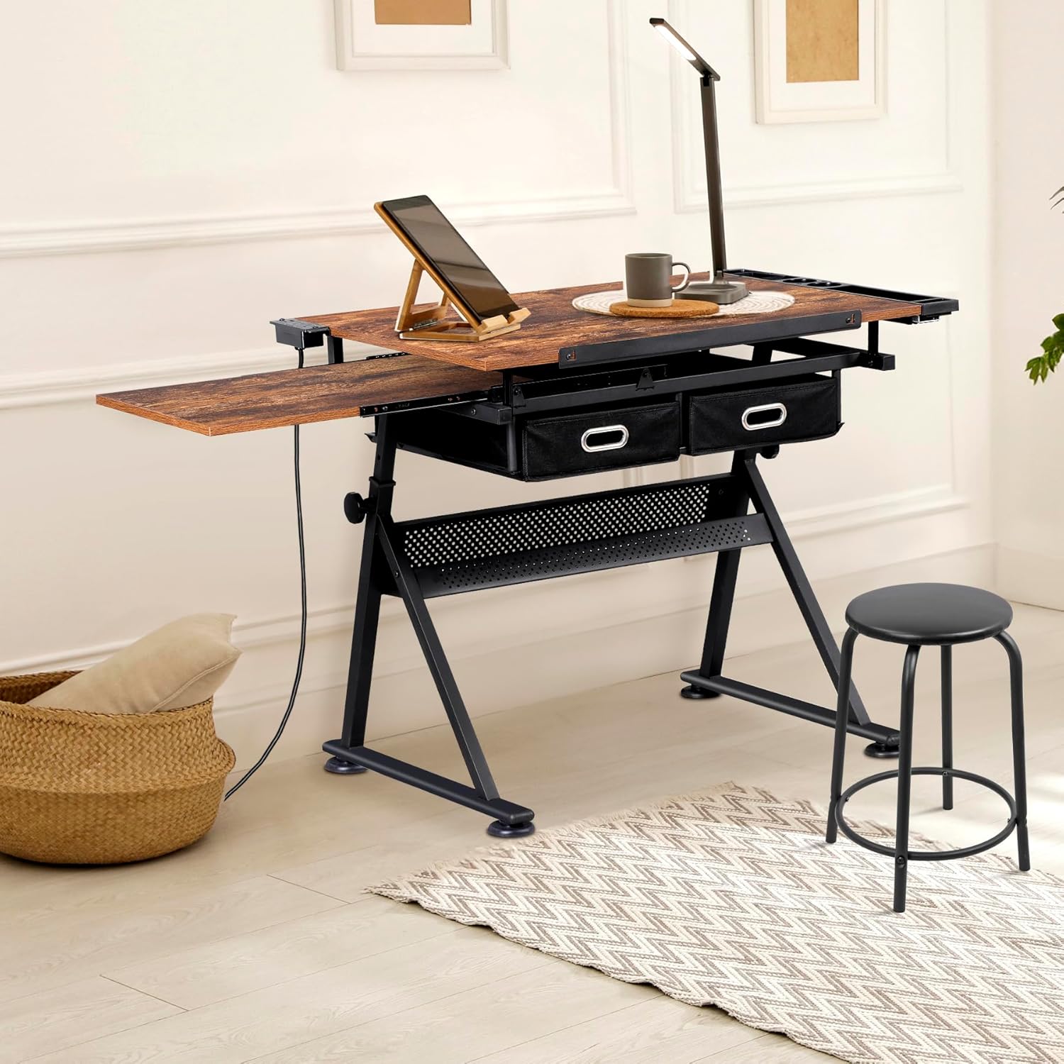 ZENY Adjustable Drafting Table with Stool, Tilting Drawing Desk Artist Table with Storage Drawers, Art Craft Workstation for Home Office Reading, Writing, Crafting