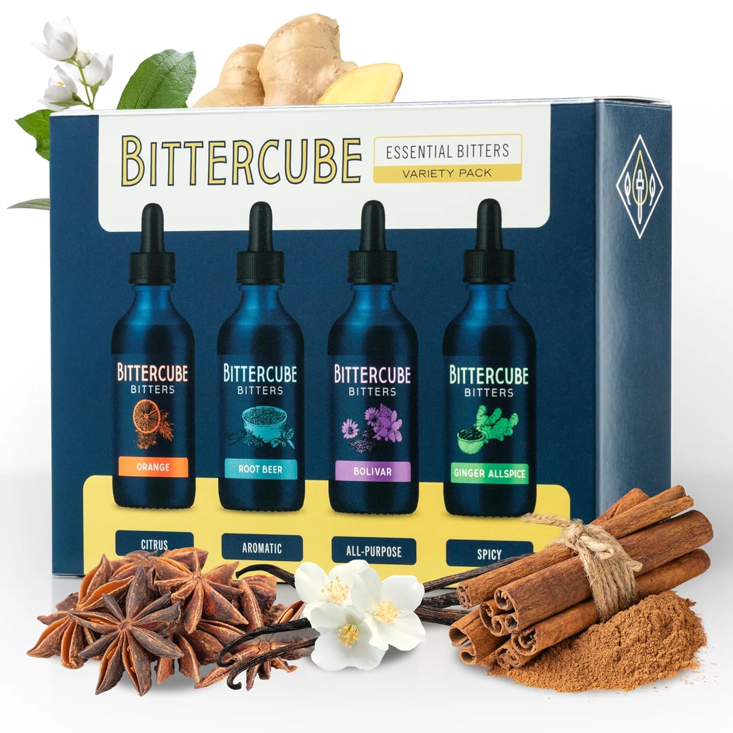 Bittercube Essential Cocktail Bitters Variety Pack Gift Set - Orange, Root Beer, Bolivar, Ginger Allspice - 4 Premium Craft Bitters (4 × 2 fl oz) for Old Fashioned, Manhattan, Negroni & Cocktails