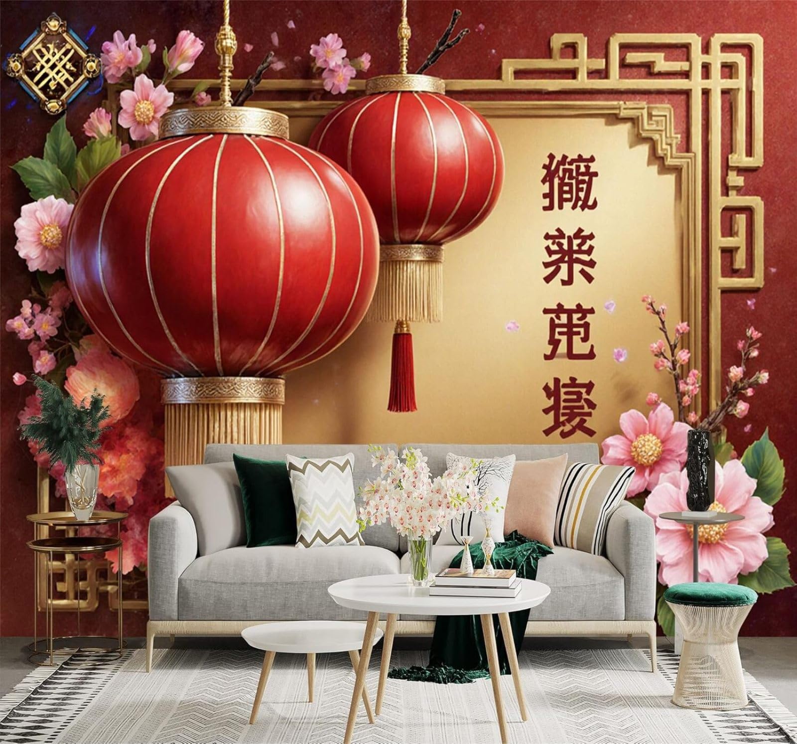 XLMING Beautiful Red Cherry Blossoms Red Lanterns Creative Gold Frame 3D Wallpaper Premium Textured Silk Study Dining Living Room Bedroom Sofa TV Wall Easy Install-150cm×105cm