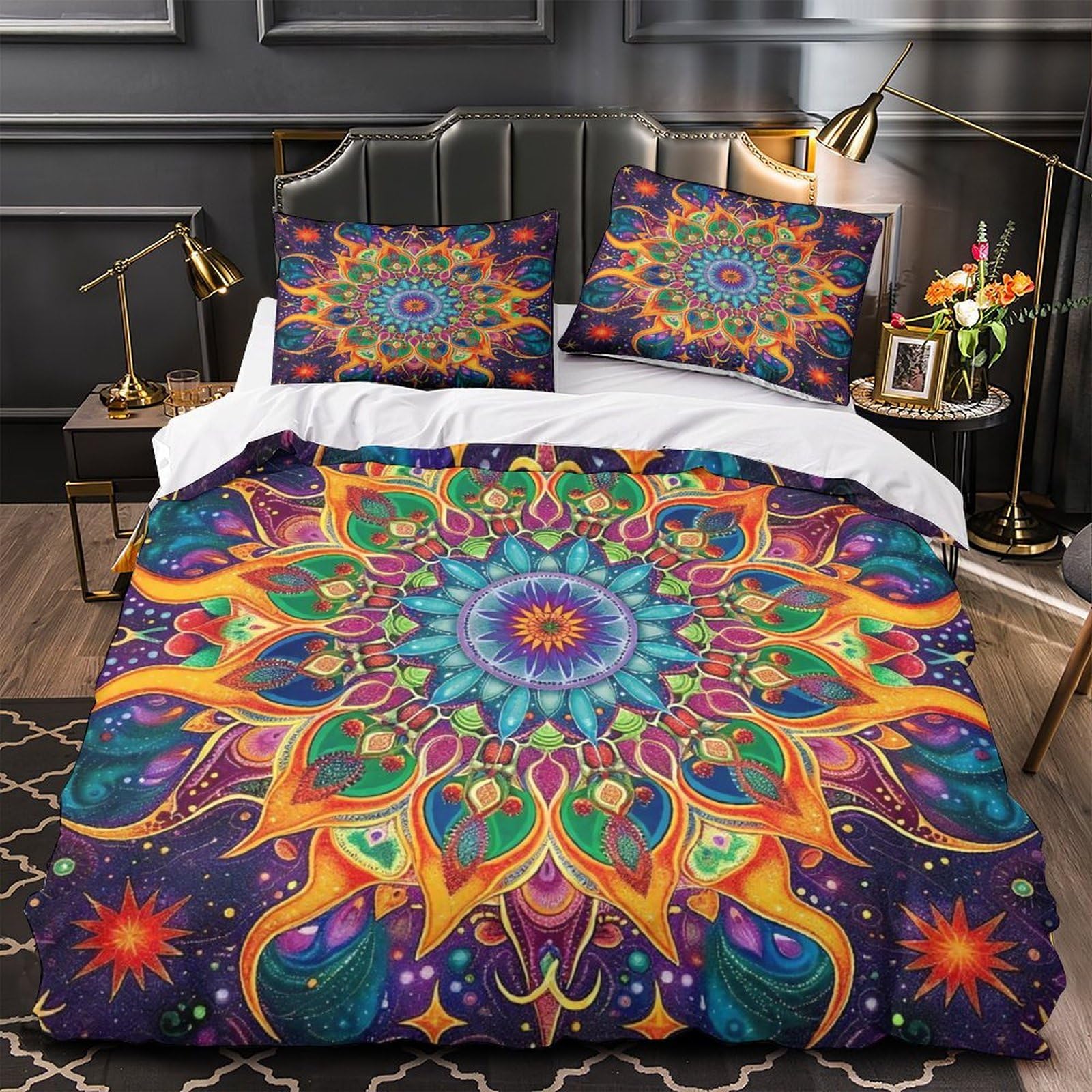 Housse de couette 260x220cm Mandala fleurs et parure de lit 3 pièces pour grand lit