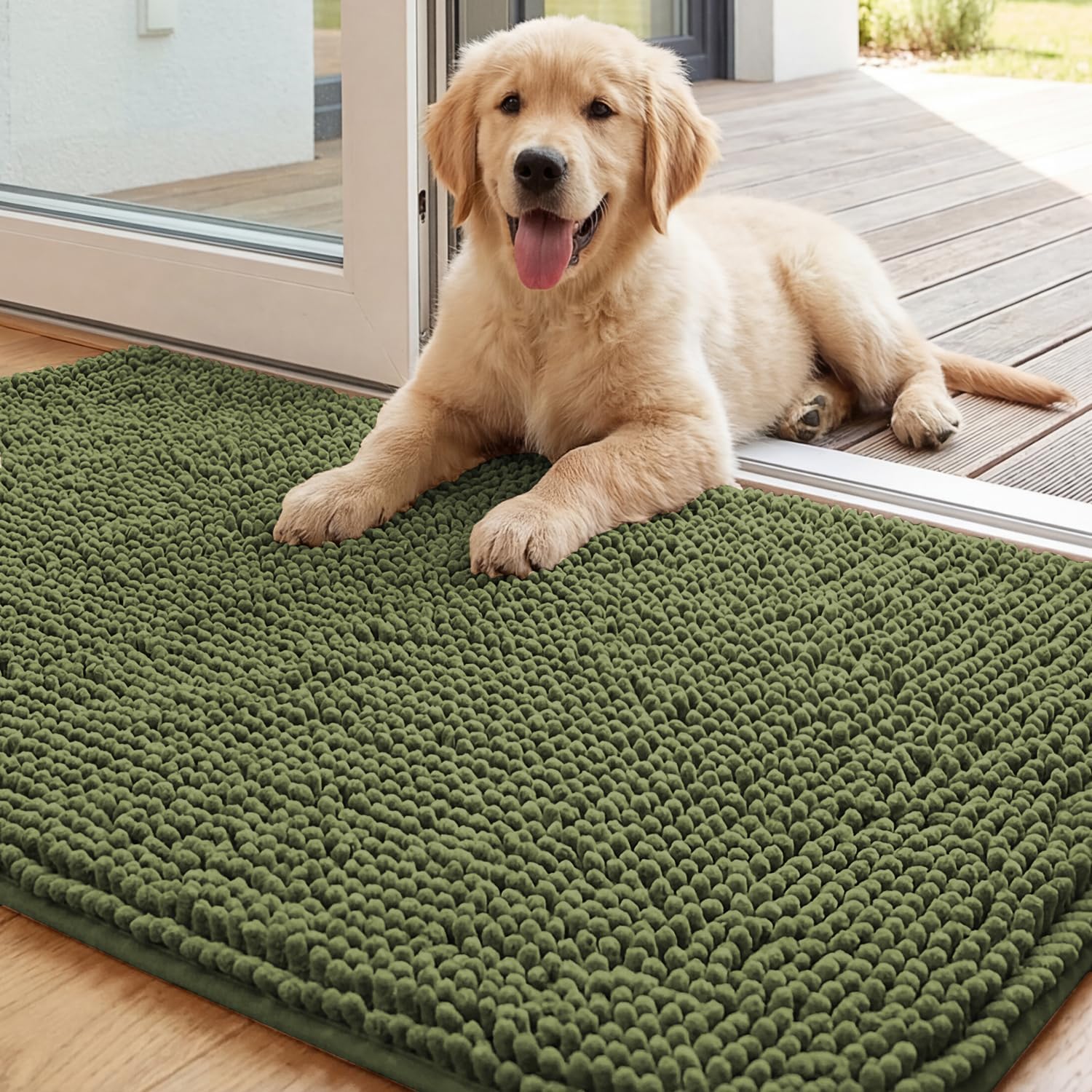 H.VERSAILTEX Dog Door Mat for Muddy Paws Absorbent Dirt Trapper Non Slip Quick Dry Washable Chenille Mats for Dogs Entry Rug for Indoor Outdoor (Green 24" x 36")