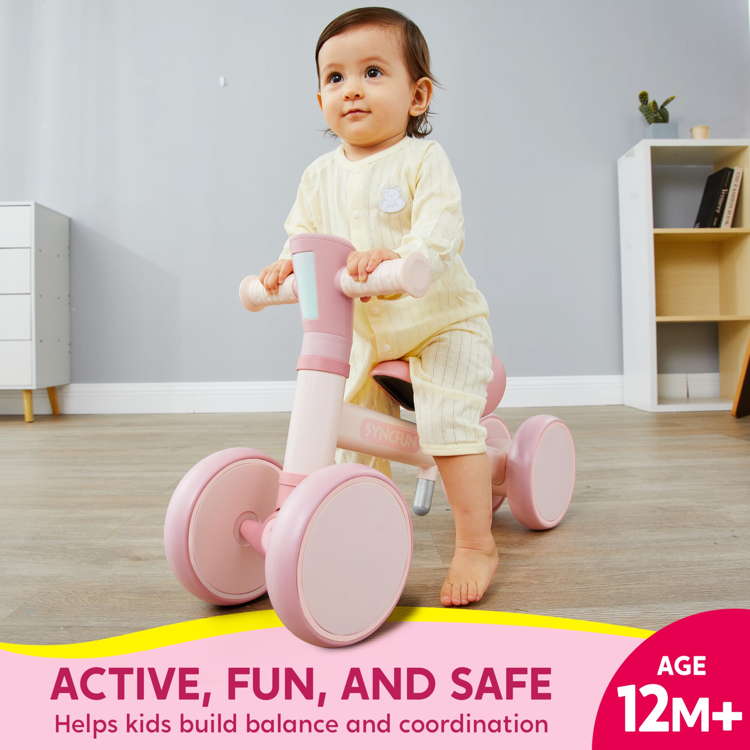 SYNCFUN Baby Balance Bike with Music and Light for 1-2 Year Old Toddlers, 1st Birthday Gift, One Year Old Birthday Gift for Boys Girls, Outdoor Baby Toys (Pink)