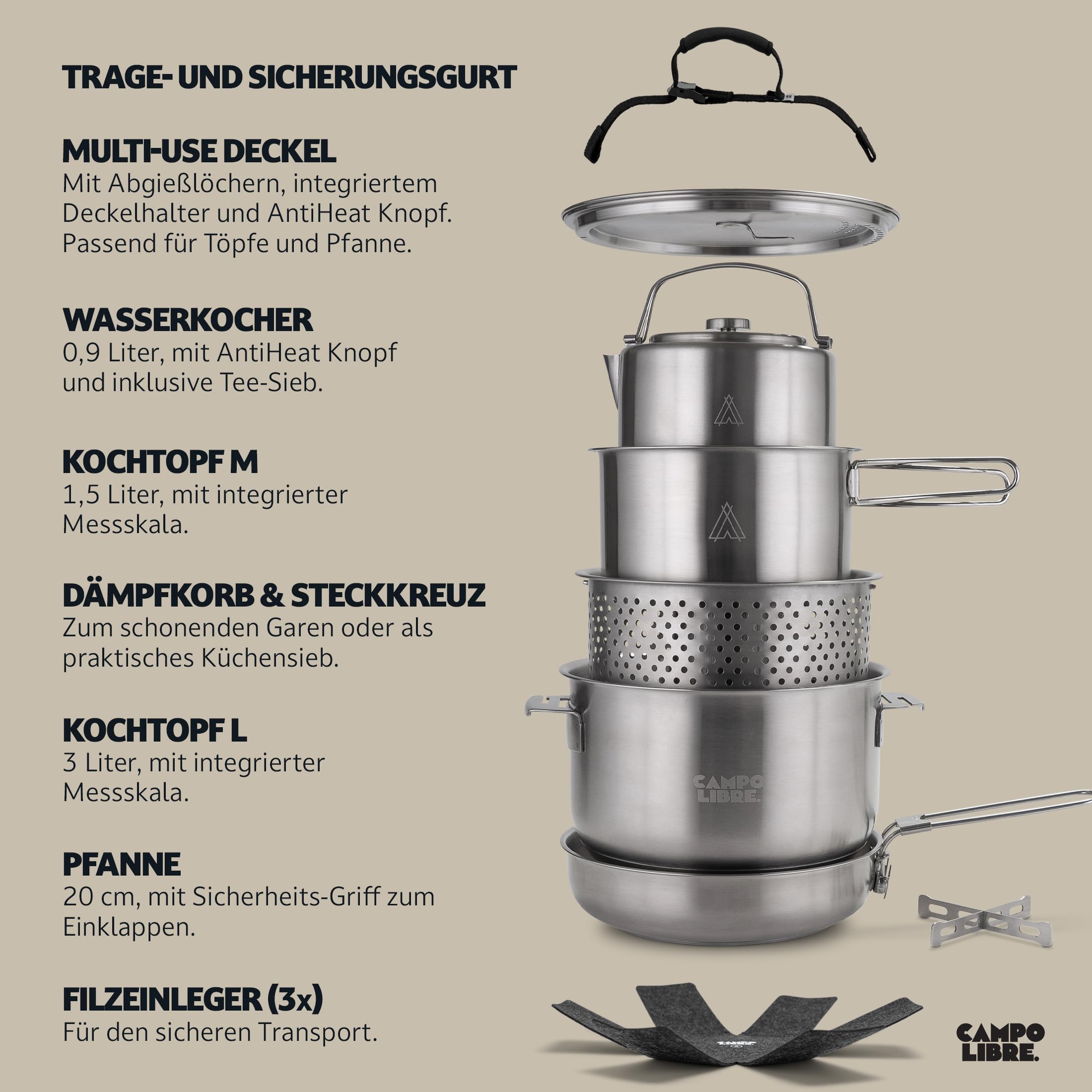 Campo Libre.® Enzo I Camping Kochgeschirr aus Edelstahl I kompaktes Campinggeschirr I Outdoor Kochgeschirr induktionsgeeignet I Camping Topf, Pfanne I perfekt für den Campingkocher I alle Herdarten